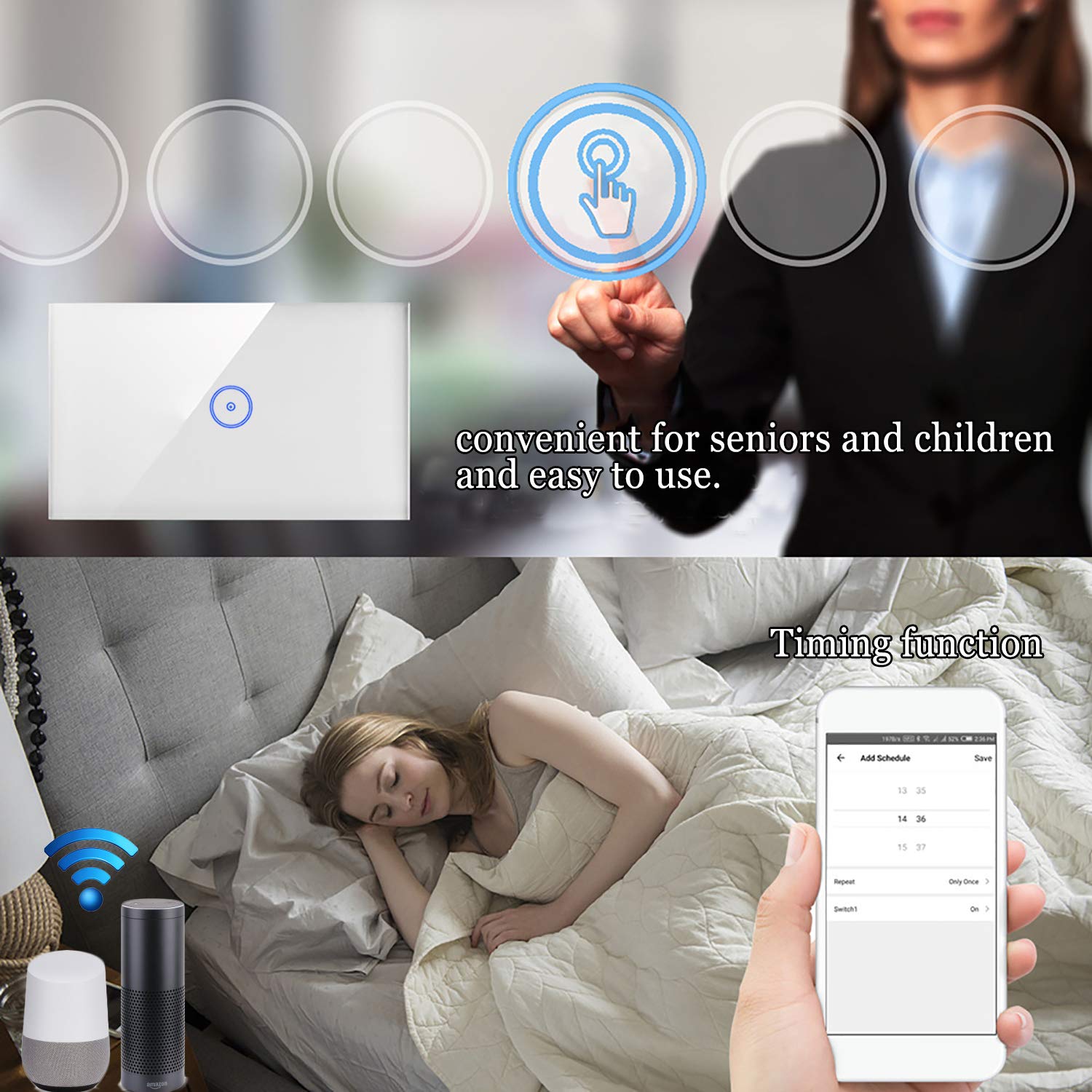 Jinvoo Smart 3-Gang Wall Light Switch, Touch Panel, Alexa & Google Home Compatible, No Hub Needed, 2-Pack, Black