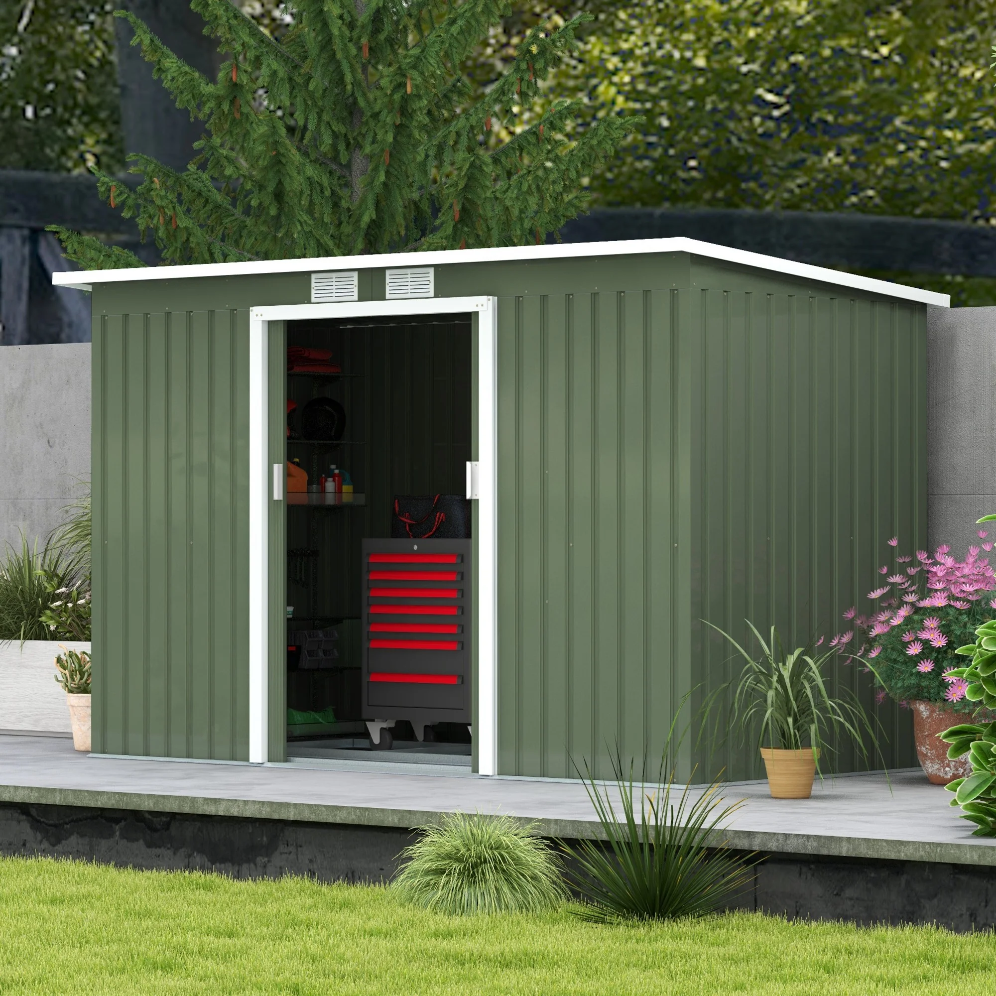 Outsunny Tuinhuis tuinhuisje met schuifdeur raam buiten staal lichtgroen