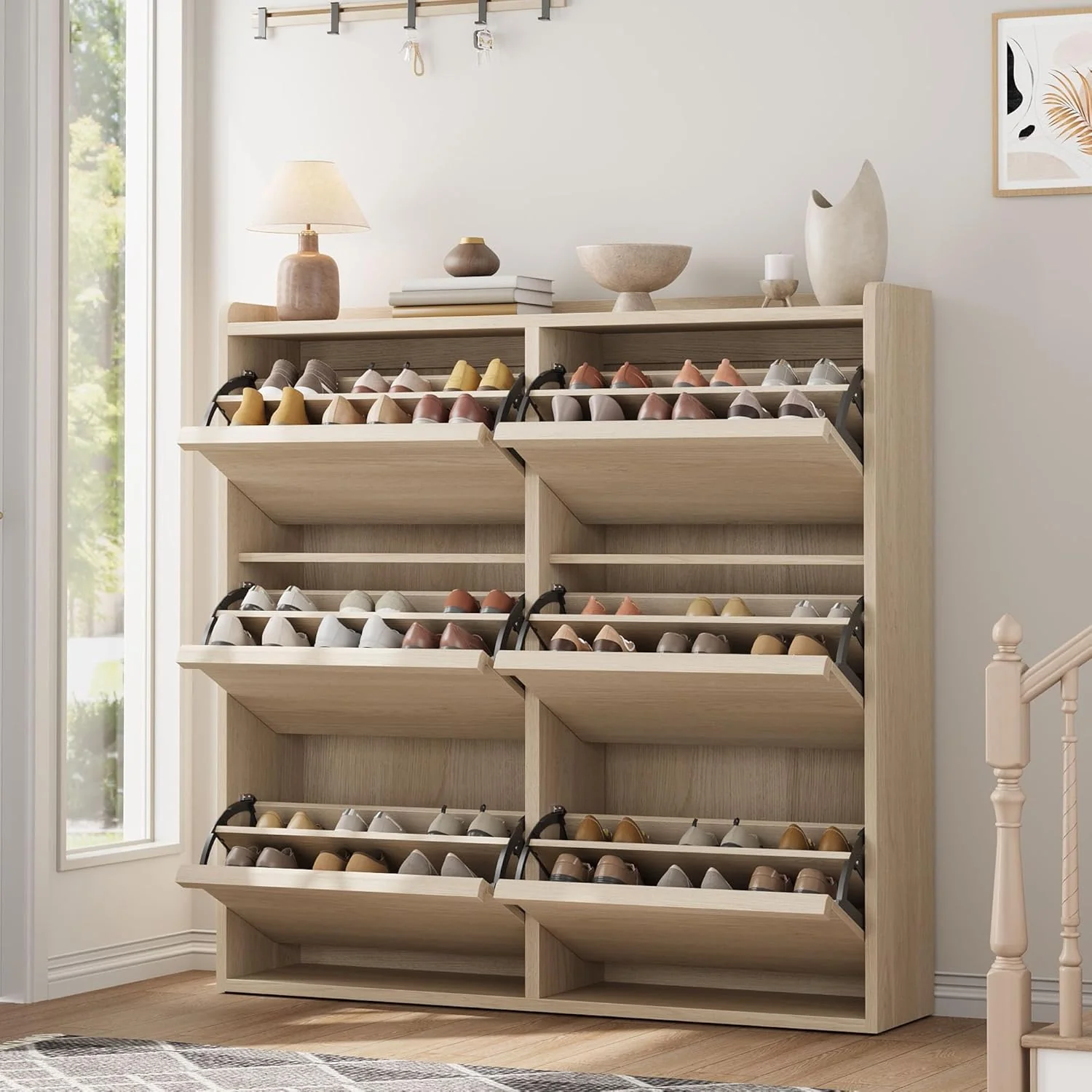 GarveeHome Shoe Cabinet with 3 Flip Drawers Wooden Shoe Organizer Cabinet Shoe Storage Hidden