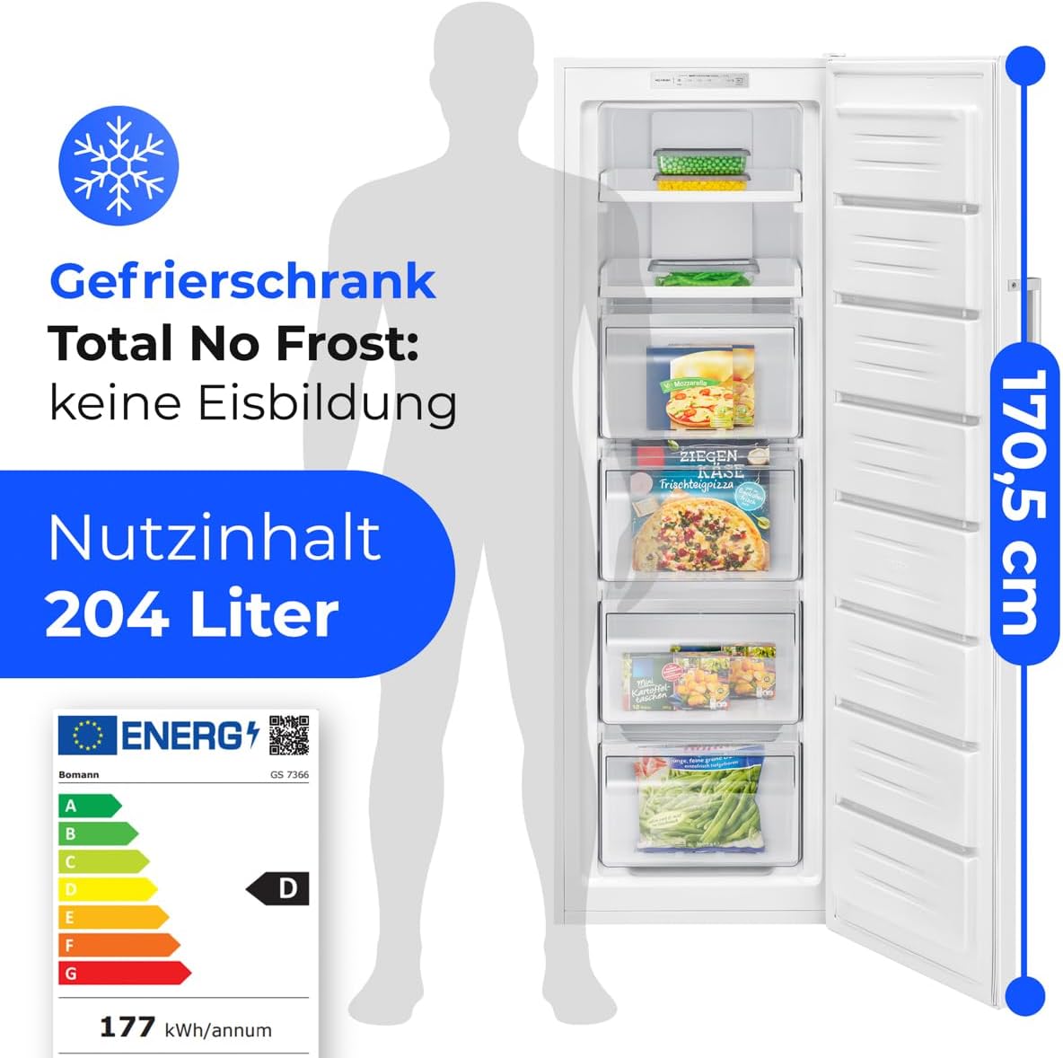 Bomann® Gefrierschrank Nofrost | Energieklasse D | 171cm | Tiefkühlschrank | MultiAirflow | leise 39dB | bis zu -22°C | Türanschlag wechselbar | 204L Freezer | Gefrierschrank gross | GS 7366 weiß