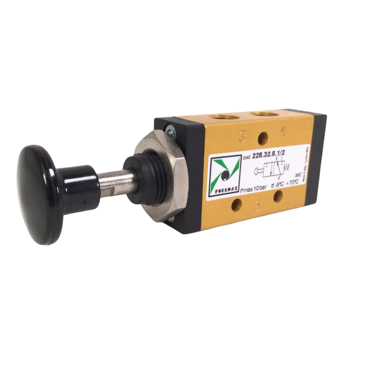 Pneumax 105.32.8.1/2 M5 - 3/2 Push Button Spring Valve Black