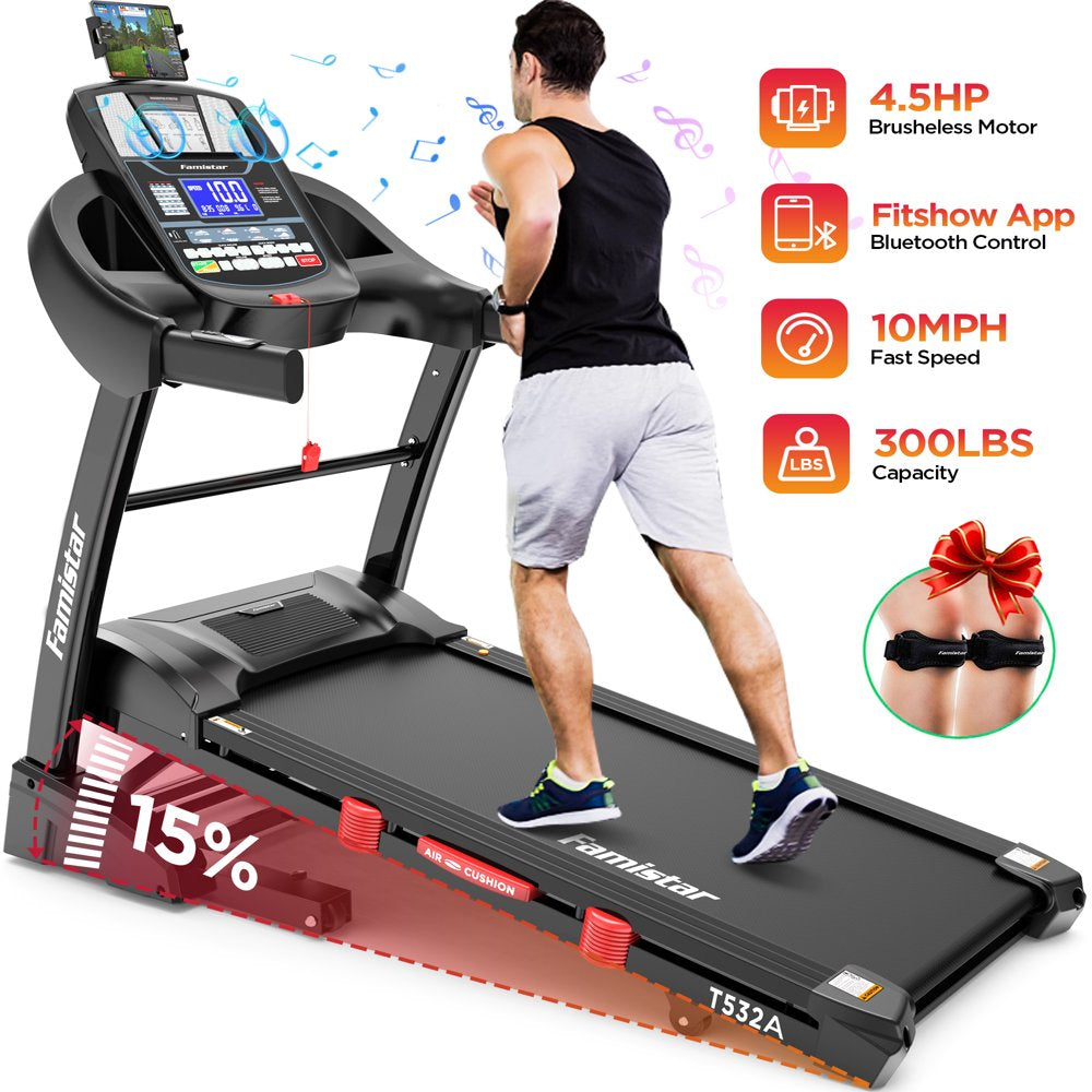 Famistar 4.5HP Foldable Treadmill, 15 Auto Incline Levels, 10MPH Speed, 300LB Capacity, Home Exercise Machine