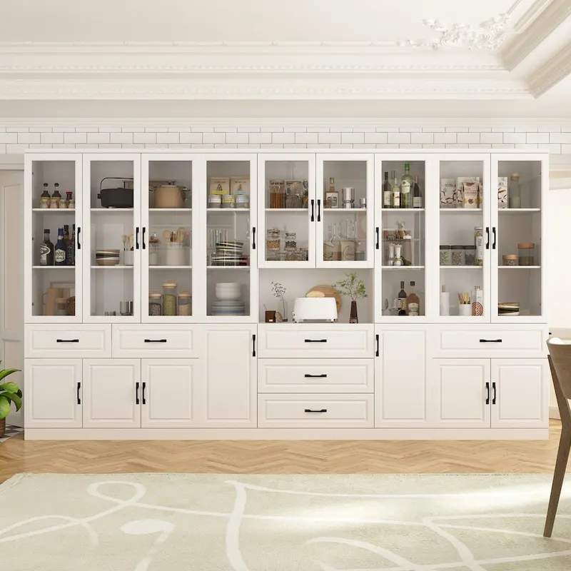 78.7-Inch Modular White Curio Cabinet with Glass Doors for Buffet Display