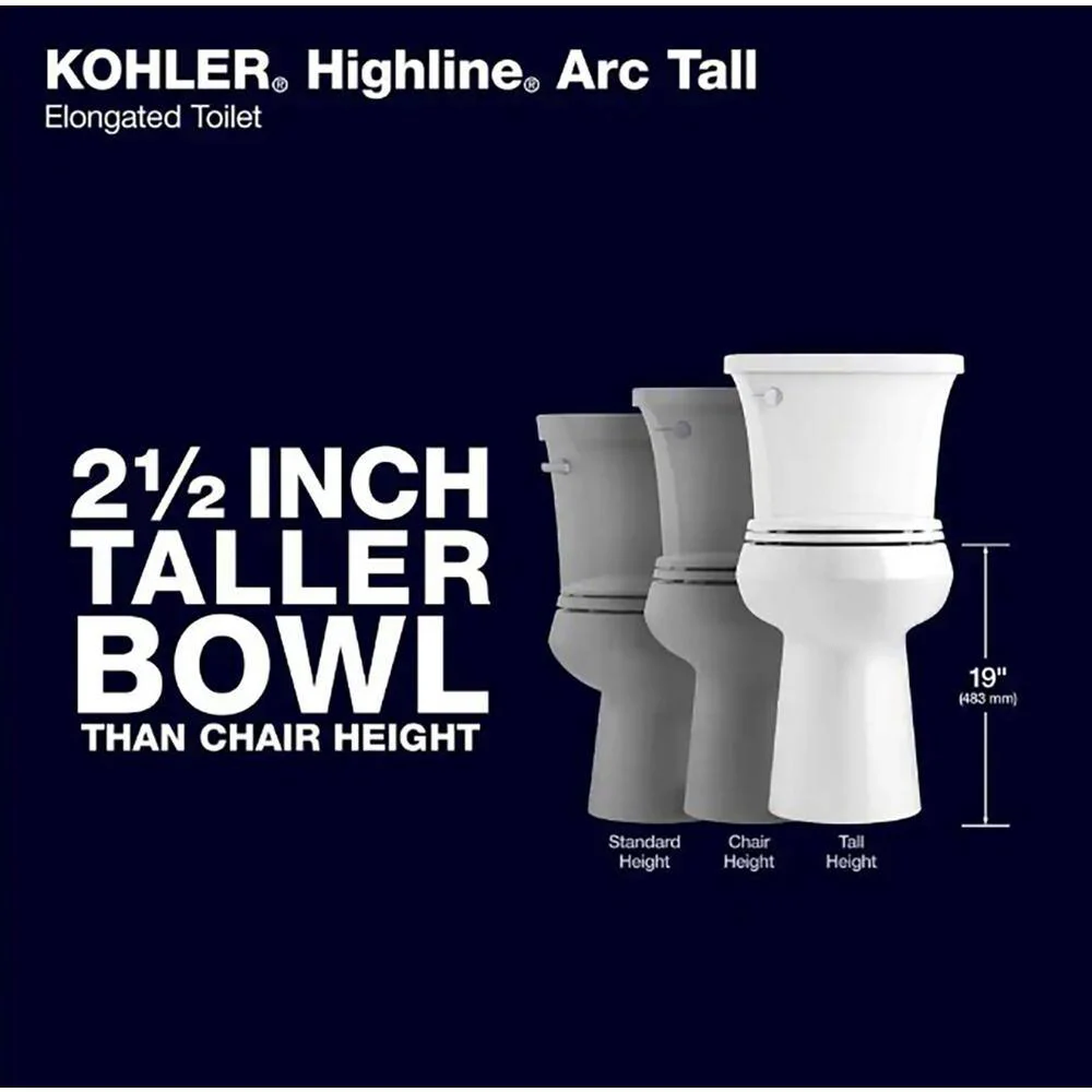 Inodoro KOHLER Extra Alto Highline Arc de Dos Piezas con Descarga Simple 1,28 GPF, Alargado, Blanco (Asiento Incluido)
