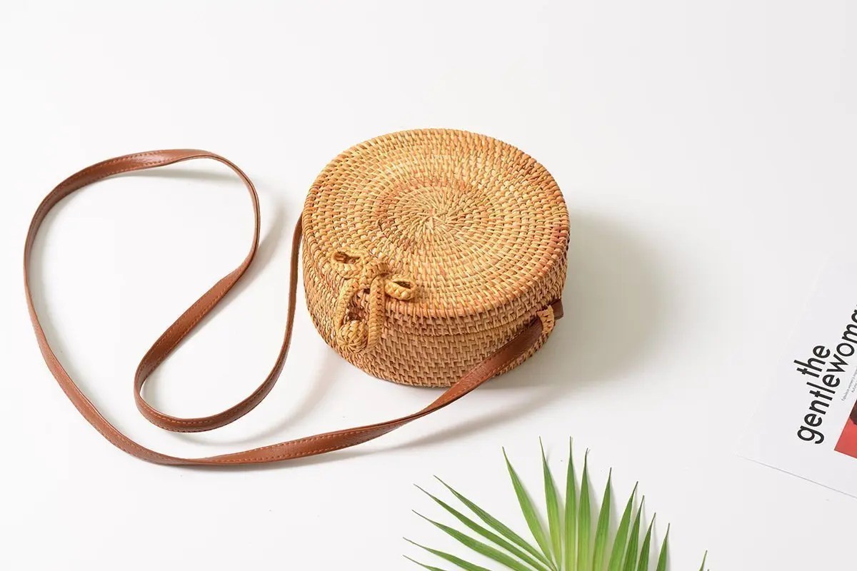 Woven Straw Bag Rattan Purse Crossbody Round Wicker Circle Hand Woven