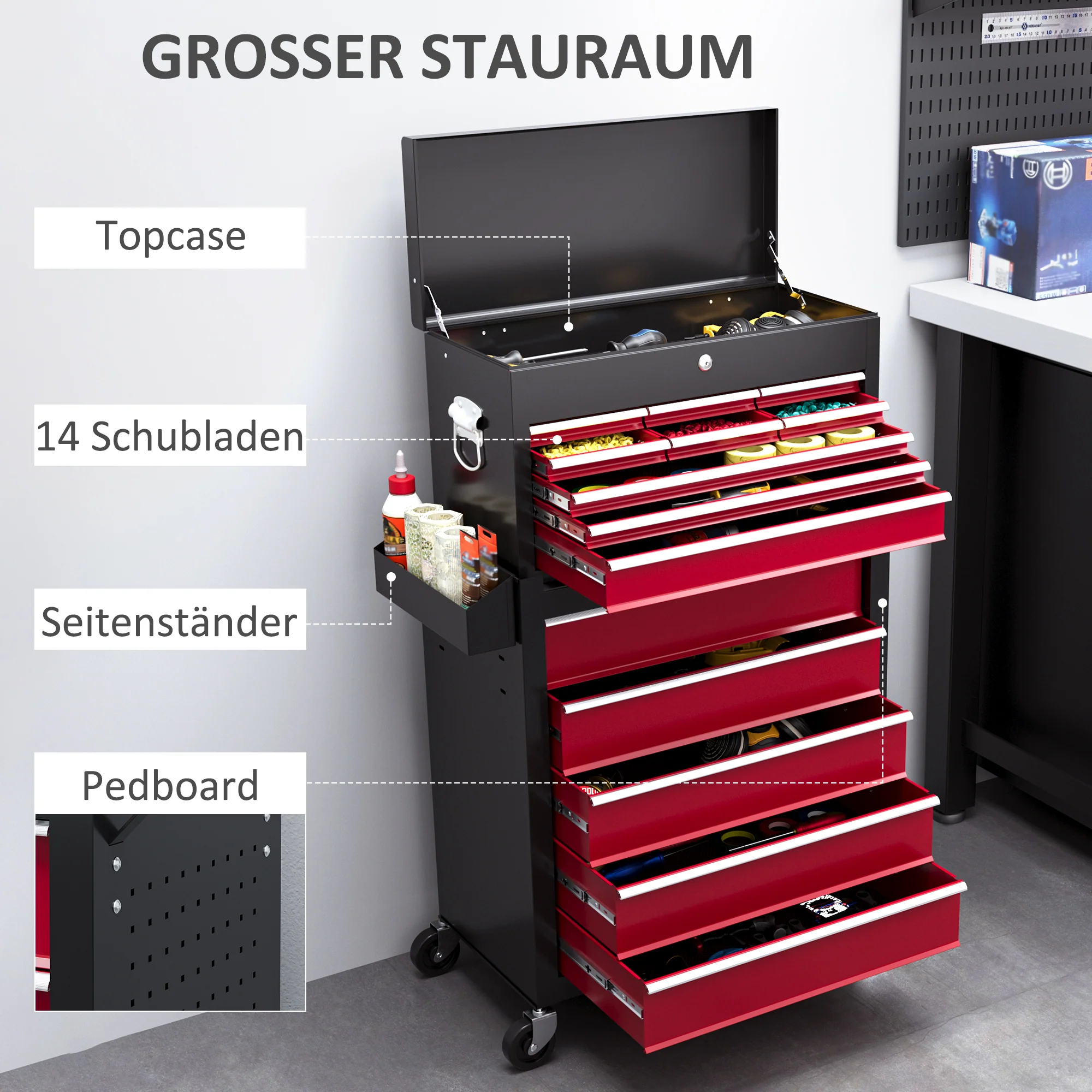 HOMCOM Gereedschapswagen, Tweedelig, Afsluitbaar, 14 Laden, Zijwand met Gaten, Staal, Rood