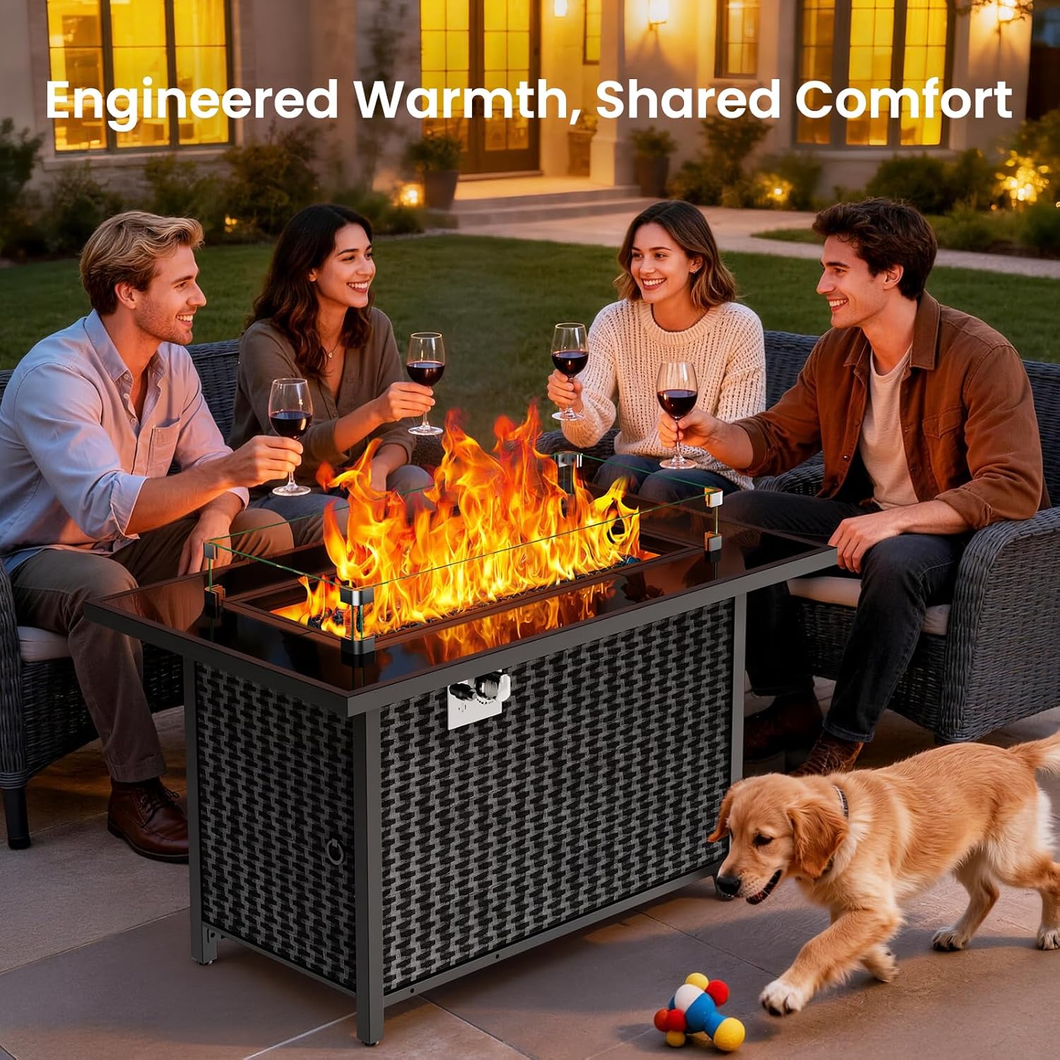 Ciays 43�� Propane Fire Pit with Glass Wind Guard, CSA-Listed 60,000 BTU Outdoor Gas Fire Pit Table, Tempered Glass Top, Glass Rocks,Lid, Adjustable Legs, Fire Table for Patio, Garden & Party, Black