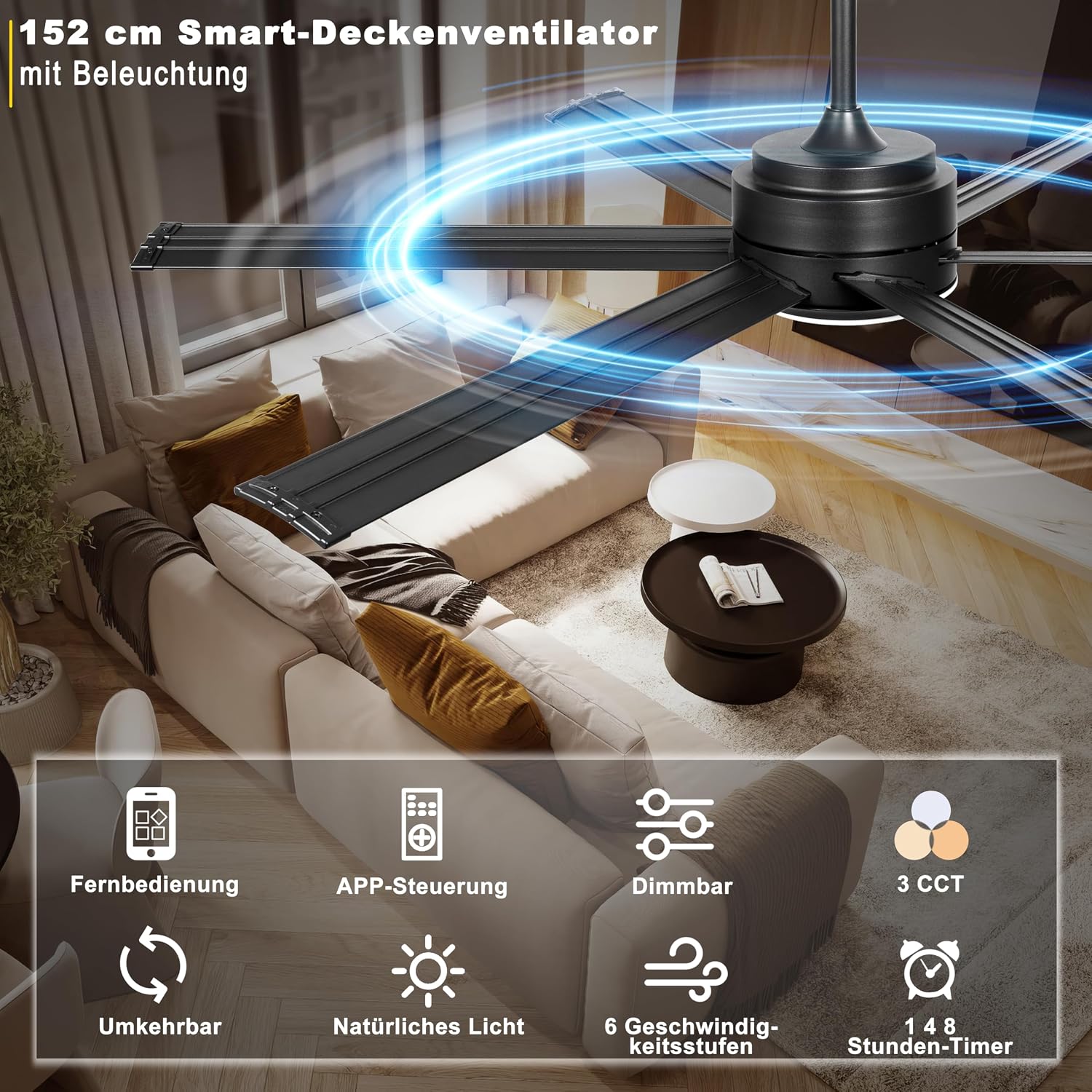Ohniyou Deckenventilator mit Beleuchtung, Fernbedienung und App,152,4 cm (60 Zoll), dimmbar, Gleichstrommotor, großer Deckenventilator für Terrasse, Wohnzimmer