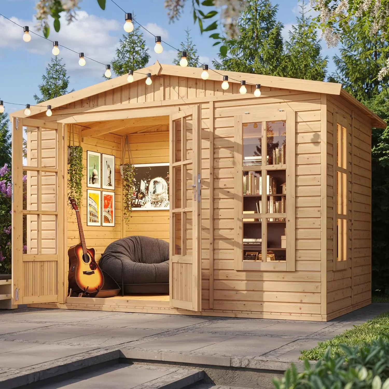 2026 TIMBELA Caseta de jardín de Madera de 6 m2 - Cobertizo Jardin Exterior con Suelo, Ventana, Puerta Doble - Cabaña de jardín para Trabajar en casa - con Tejas bituminosas Verde M334FB+H334FBGREEN