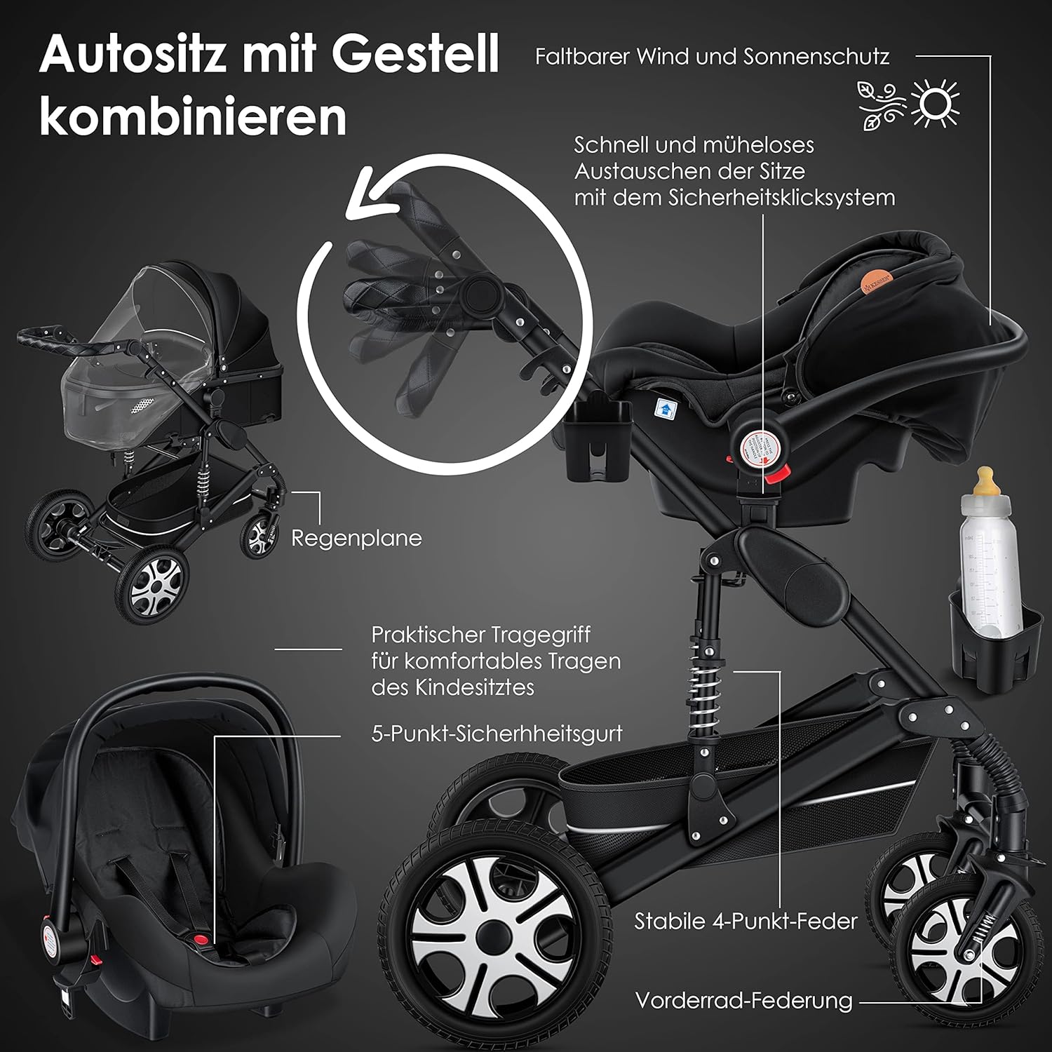 KESSER® Loops 3 in 1 Kinderwagen Kombikinderwagen Komplett-Set inkl. Babywanne & Buggy Sportsitz & Auto-Babyschale Voll-Gummireifen Wickeltasche Regenschutz Kindertisch ECE R129, Grau/Silber