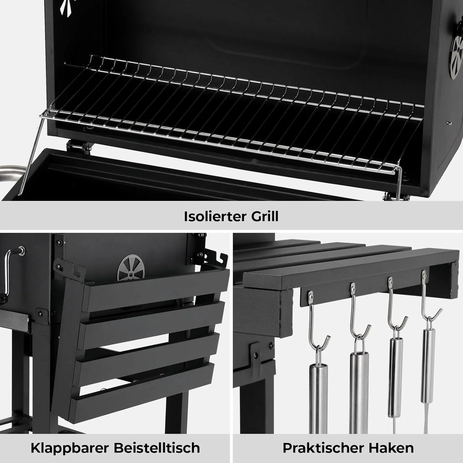 Barbacoa de Carbon XXL, Parrilla de Carbón con Chimenea y Tapa, Parrilla con Carrito BBQ Smoker con Ruedas y Termómetro, Grande BBQ Carbon para Camping y Jardín
