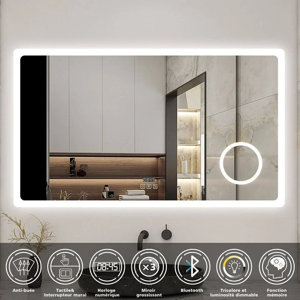 aica sanitaire Espejo de luz inteligente con reloj + lupa + Bluetooth + tres tonos de luz + antivaho