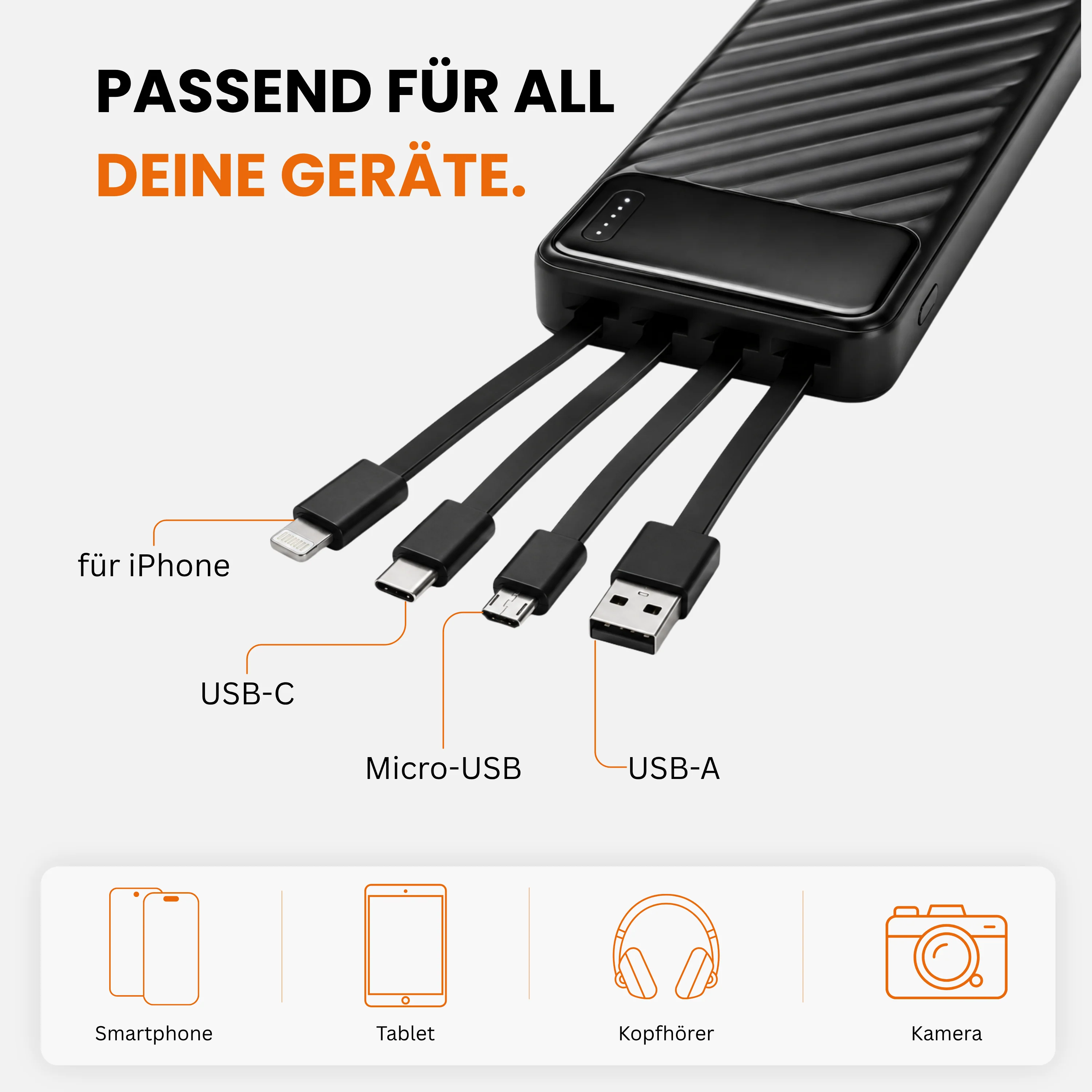 Powerbank 20.000 mAh mit integriertem USB-C-, USB-A & Lightning-Kabel Externer Akku mit Schnellladefunktion