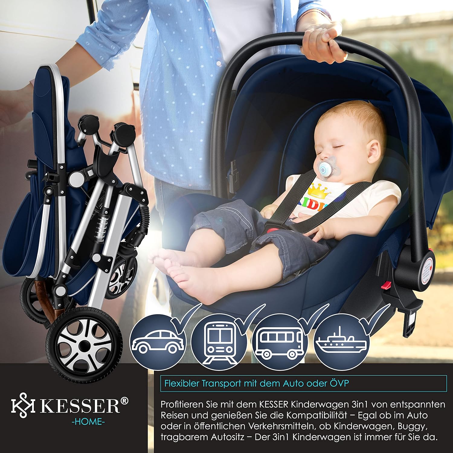 KESSER® Loops 3 in 1 Kinderwagen Kombikinderwagen Komplett-Set inkl. Babywanne & Buggy Sportsitz & Auto-Babyschale Voll-Gummireifen Wickeltasche Regenschutz Kindertisch ECE R129, Grau/Silber