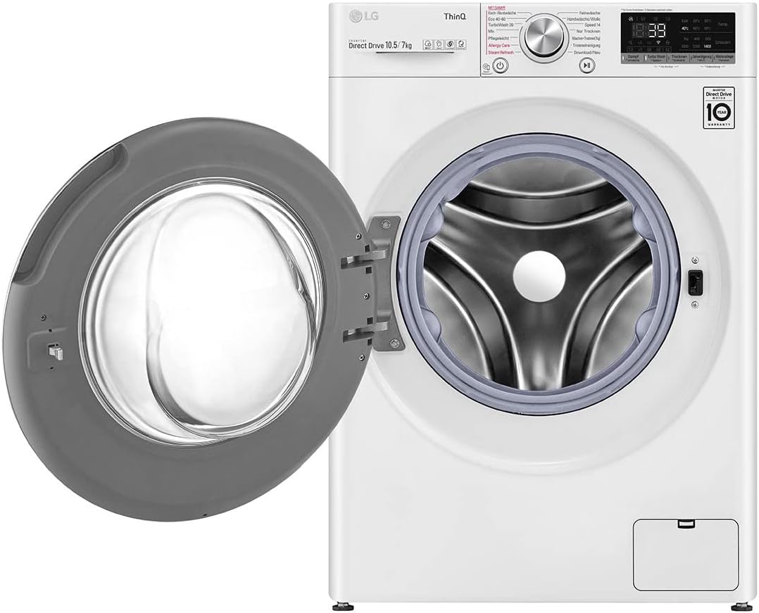 LG V7WD107H2E, Klasse E, Frontlader-Waschtrockner 10,5 - 7 kg, 1400 U/min, AI Direct Drive, Wi-Fi, Tiefenreinigung mit Dampf, TurboWash, Größere Kapazität, 62 x 60 x 85 cm ꟷ Weiß