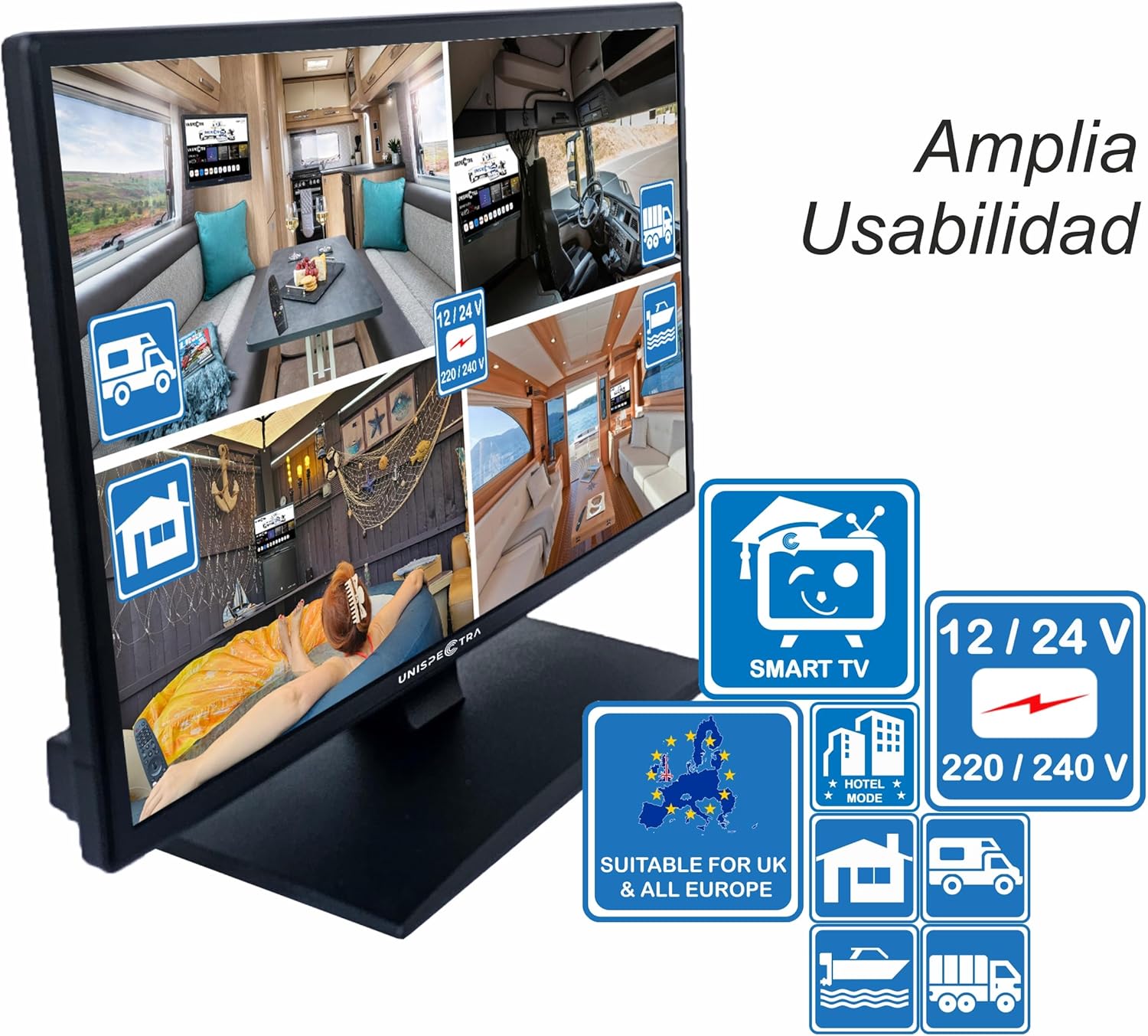 Unispectra ® 19 inch Smart TV (webOS) ELED + Magic Remote. 230 V 24 V. Triple Tuner TDT, Sat and Cable. 3 x HDMI. 12 V TVs for Motorhomes, Caravans TV, Trucks, Boats