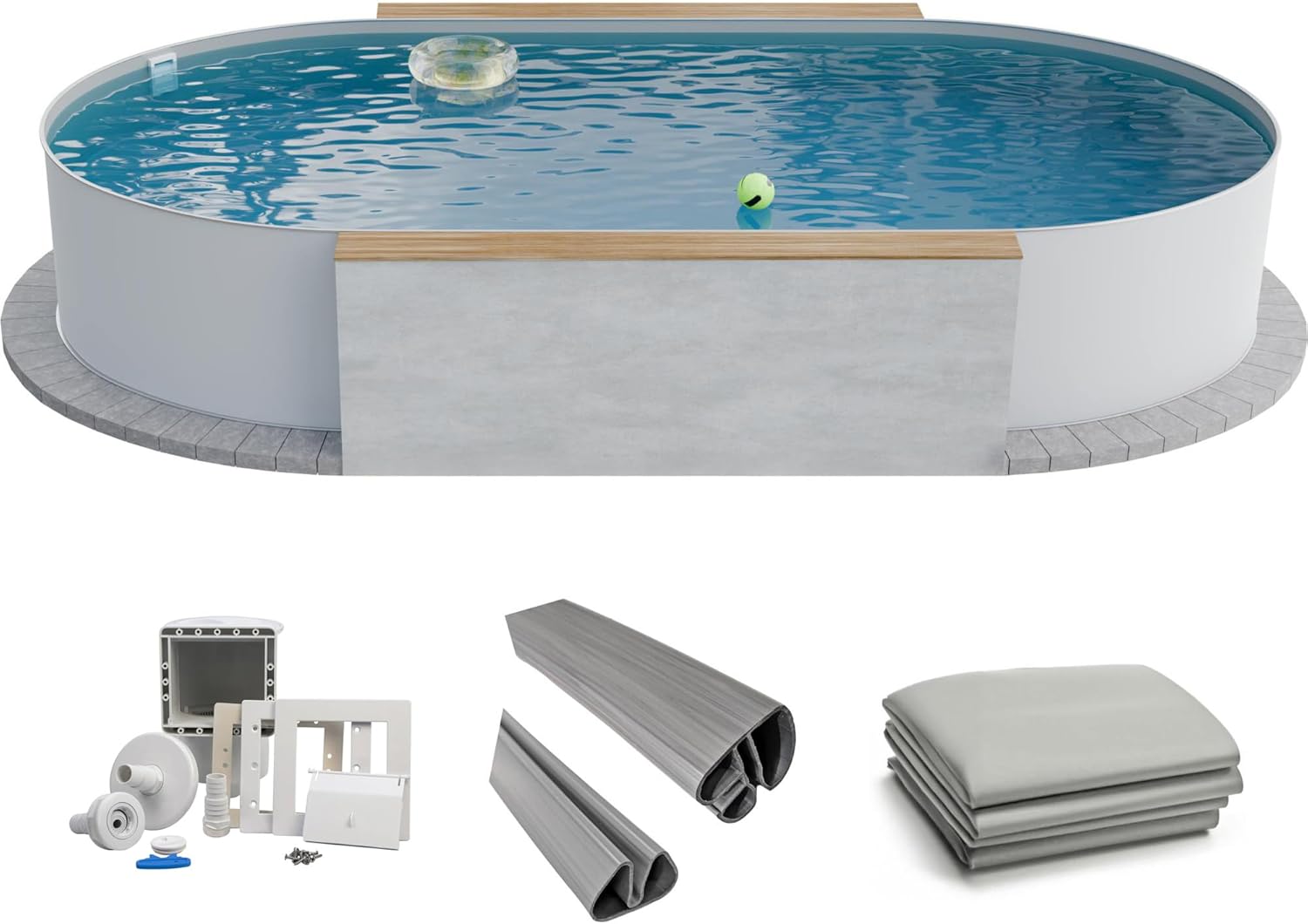 Fresh-Pool Profi Stahlwandpool Set oval, 525x320x120 cm, Stahl 0,6 mm weiß, Folie 0,8 mm grau, Einhängebiese