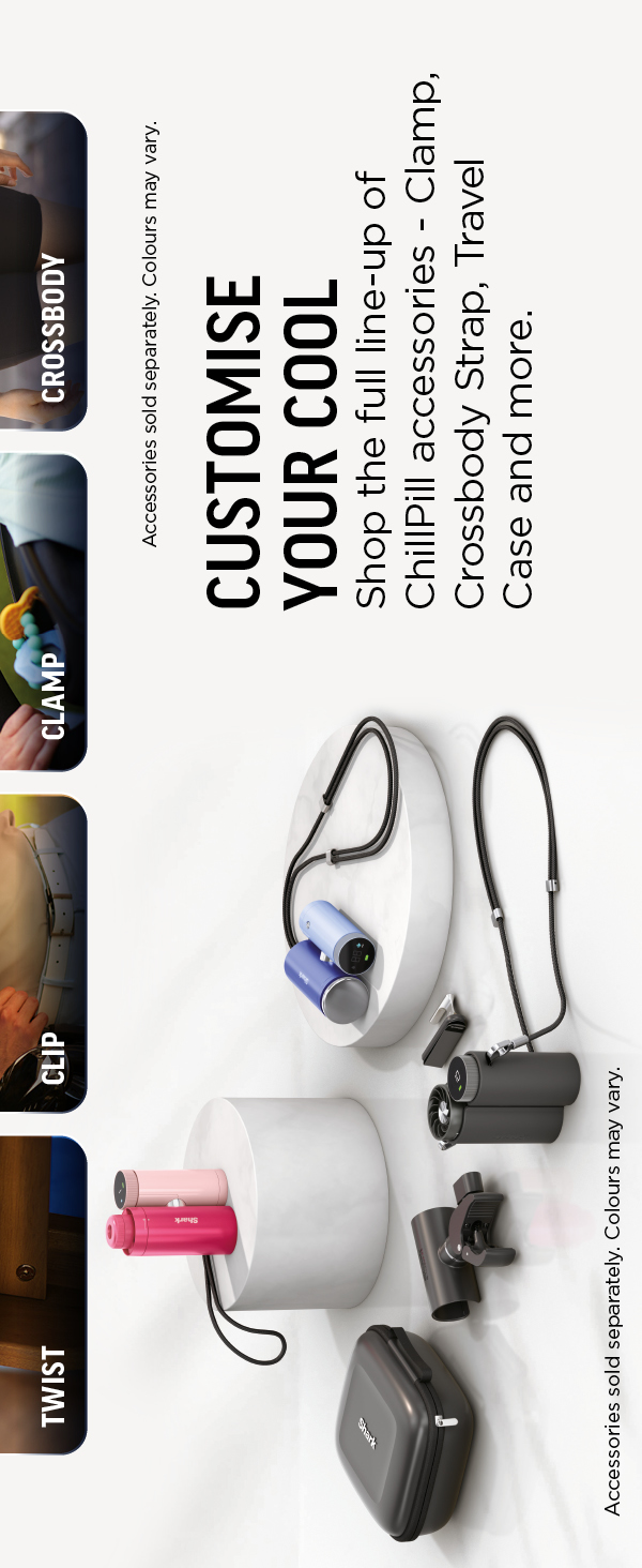 Text reads "CUSTOMISE YOUR COOL" with "OxeHM accessories - Charms, Straps, Cases, Travel Kits and more." Image shows black cooling device with multiple interchangeable colorful accessories and attachment components displayed.