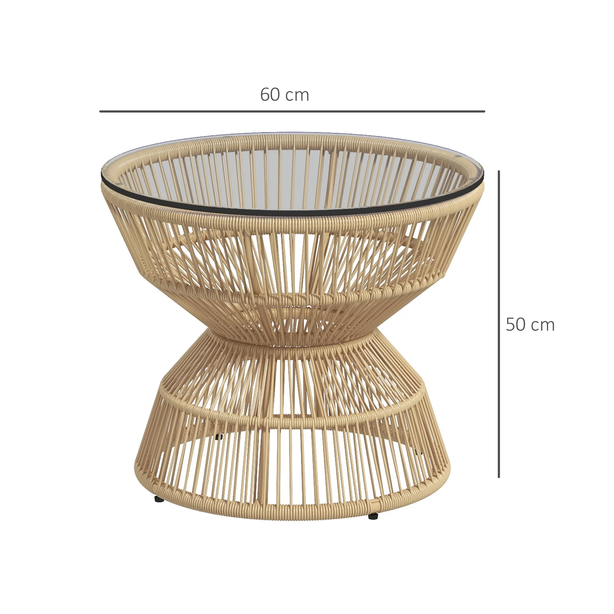 Outsunny Buitentafel Bijzettafel Tuinmeubel Rattan Bijzettafel, Glazen Blad, PE-Rattan, 60 cm x 60 cm x 50 cm, Natuurlijk