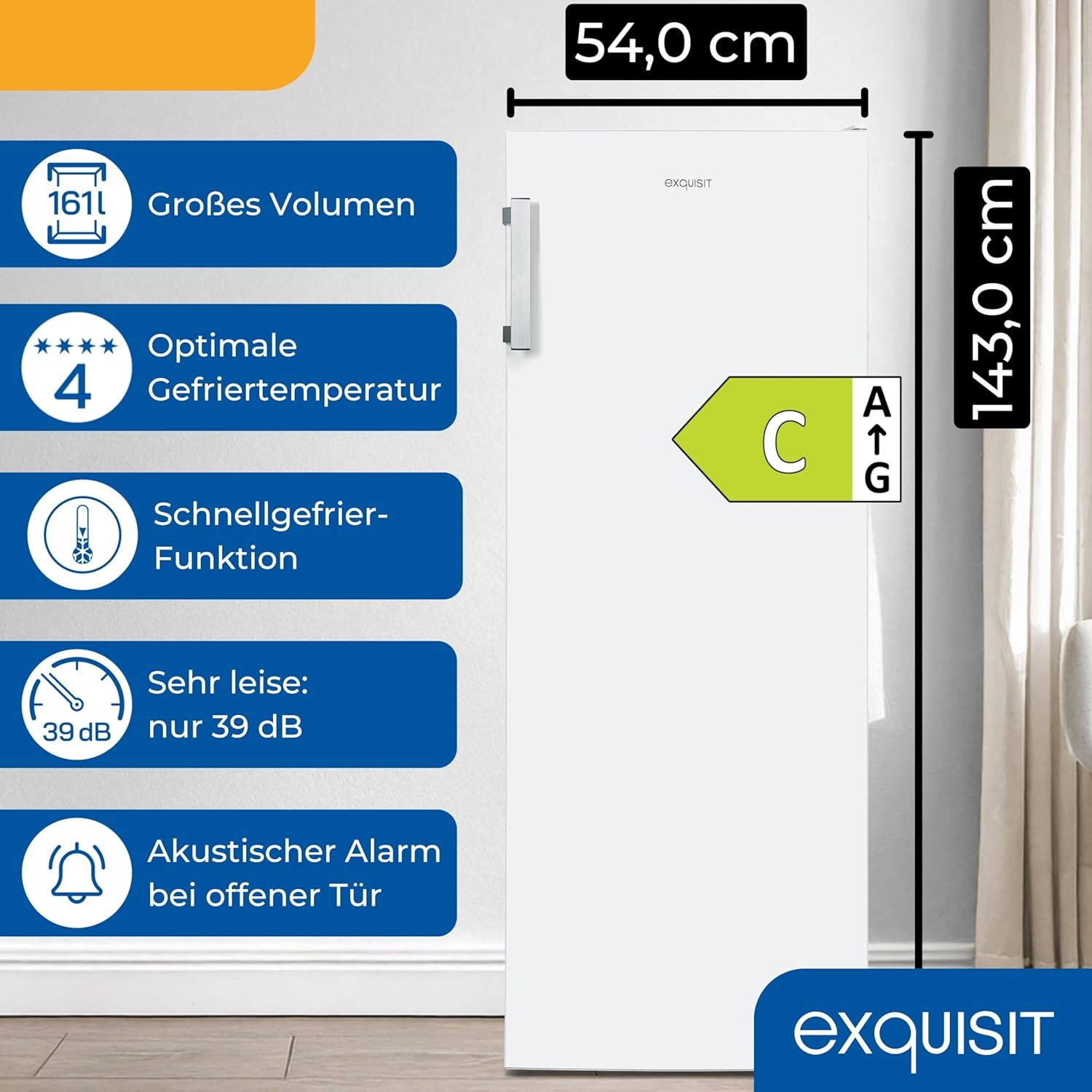 Exquisit Gefrierschrank NoFrost, Tiefkühlschrank groß, 161 Liter, Schnellgefrieren, Alarm-Funktion, GS5231-NF-H-040C weiss