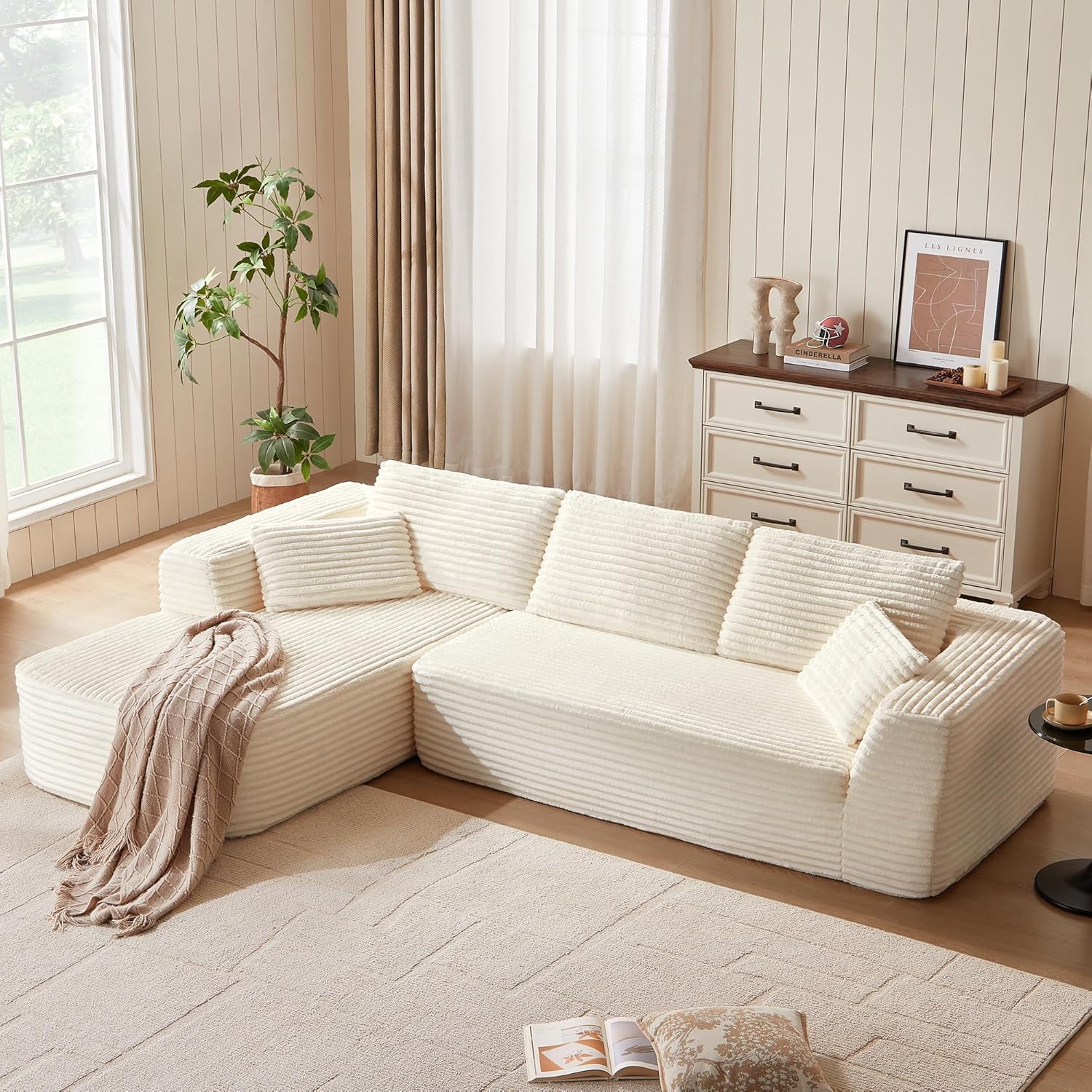 LINSY HOME Hörnsoffa med sovfunktion - 270 cm modulär bäddsoffa i manchester, L-formad soffa, 3-sitssoffa med fotpall, sektionssoffa för vardagsrum, ingen montering krävs, beige