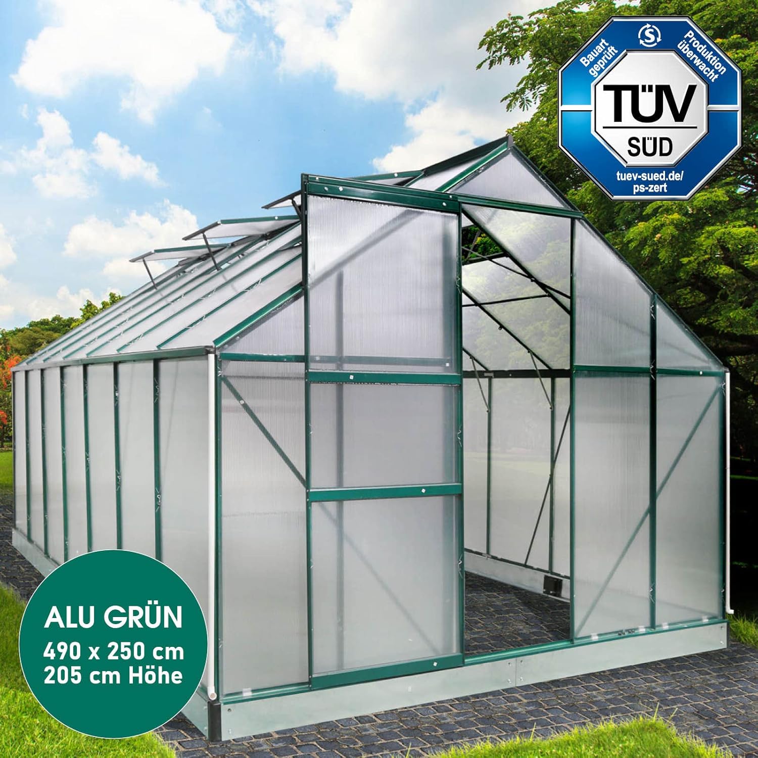 BRAST Aluminium Greenhouse with Base 430 x 250 x 235 cm, TÜV Tested, 6 mm Hollow Chamber Panels, Rustproof/Weatherproof/Temperature-Resistant