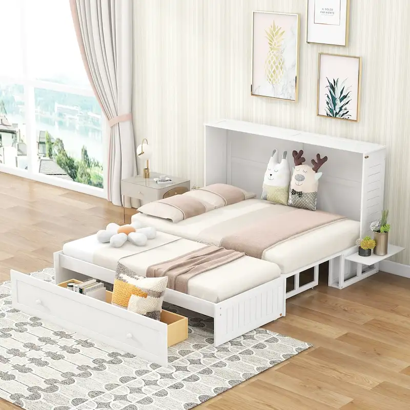 Nestfair White Queen-Sized Murphy Bed with Drawer and Shelves - Mobile Design