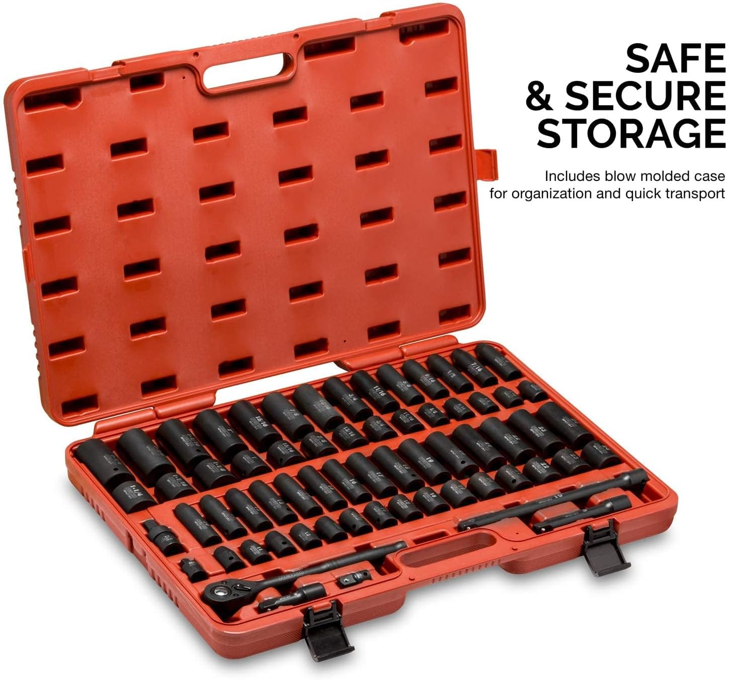 Chrome Vanadium Impact Socket Set 1/2′′ Drive, 65-Piece, SAE & Metric, Deep & Shallow, Includes Adapters & Ratchet Handle