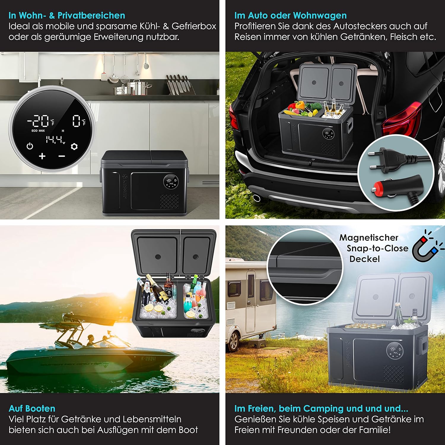 KESSER Kompressor Kühlbox 2in1 Doppelzone Kühl & Gefrierfach elektrische Gefrierbox mit 2x Kühlakkus & LED-Touch-Bedienung | Kühlschrank Kühlung bis -20 °C für Camping, Auto, Lkw 12/24V 230V