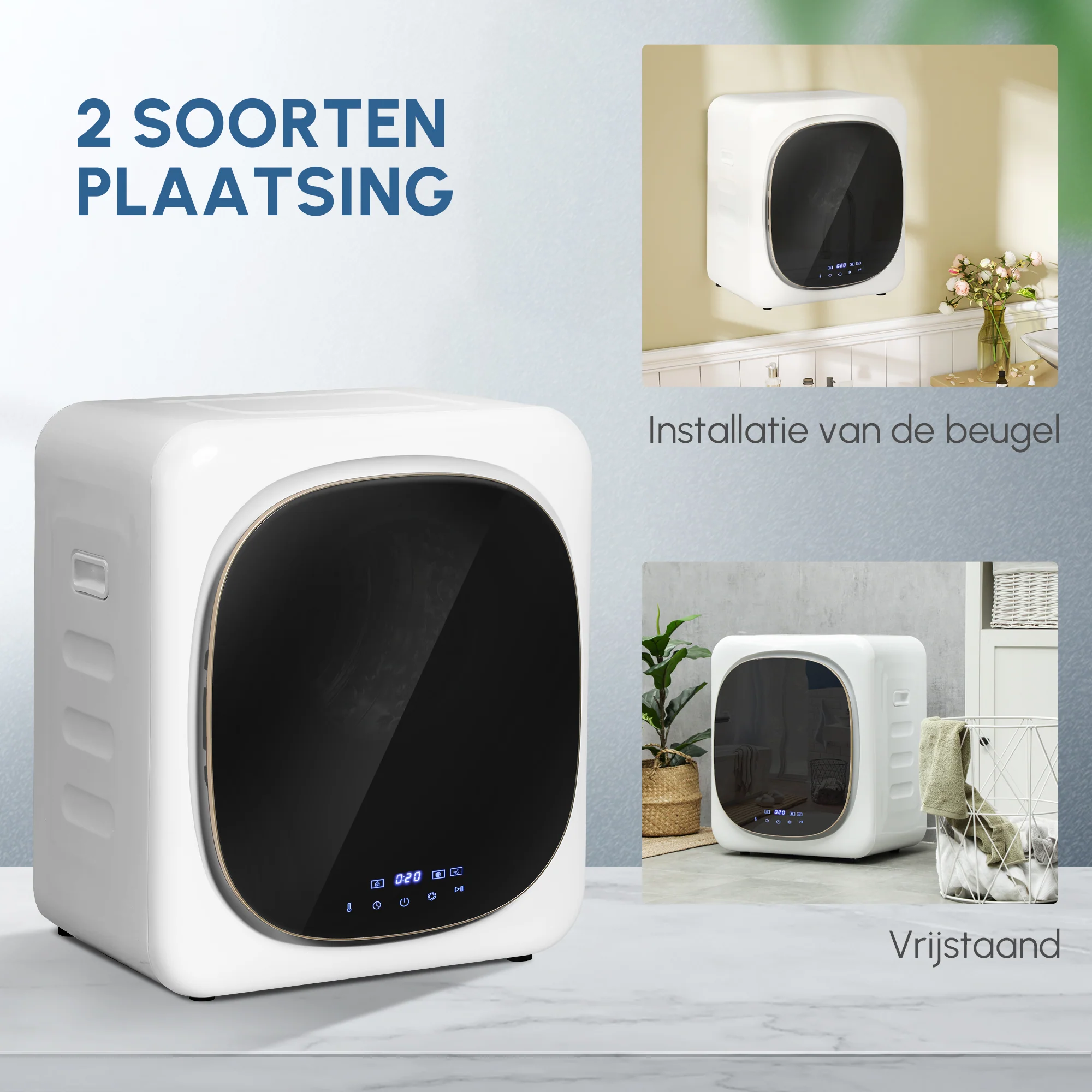 HOMCOM Wasdroger met UV-Desinfectie, Compact Ontwerp, 4 kg Capaciteit, Roestvrijstaal, Wit
