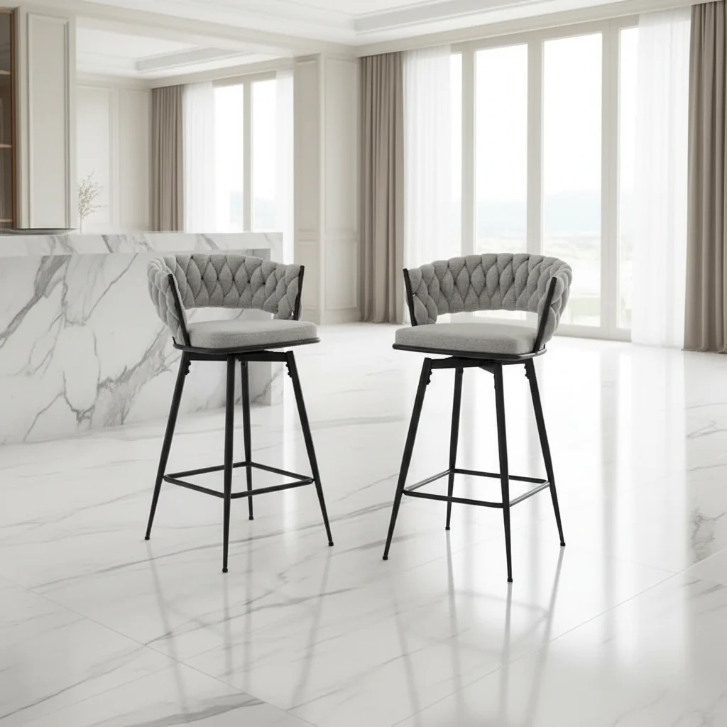 Pair of Swivel Bar Stools with Comfortable Linen Cushions - Counter Height Seating for Kitchen Islands, Dining Areas, or Pubs