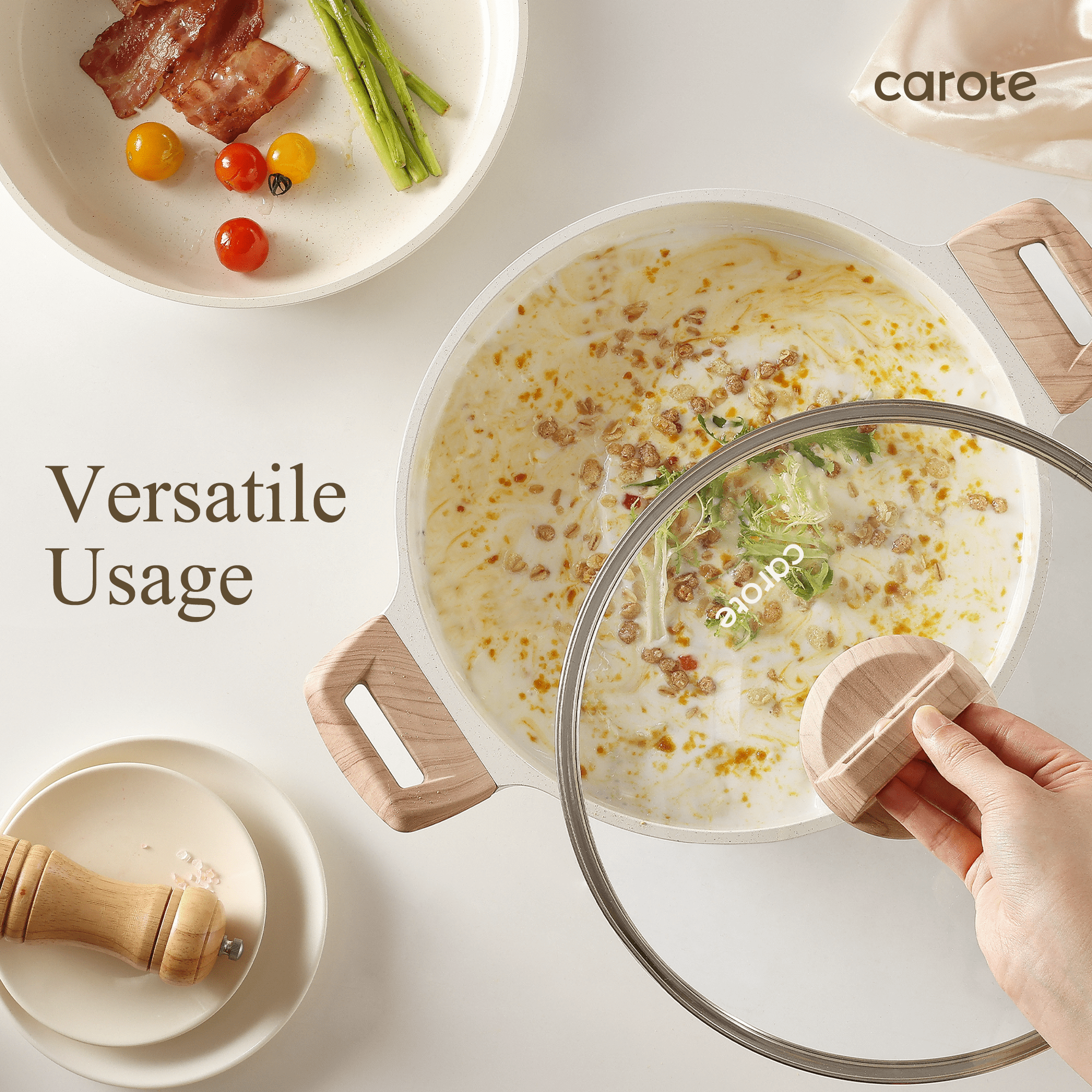 Carote Nonstick Pots and Pans Set, 8 Pcs Induction Kitchen Cookware Sets (Beige Granite)