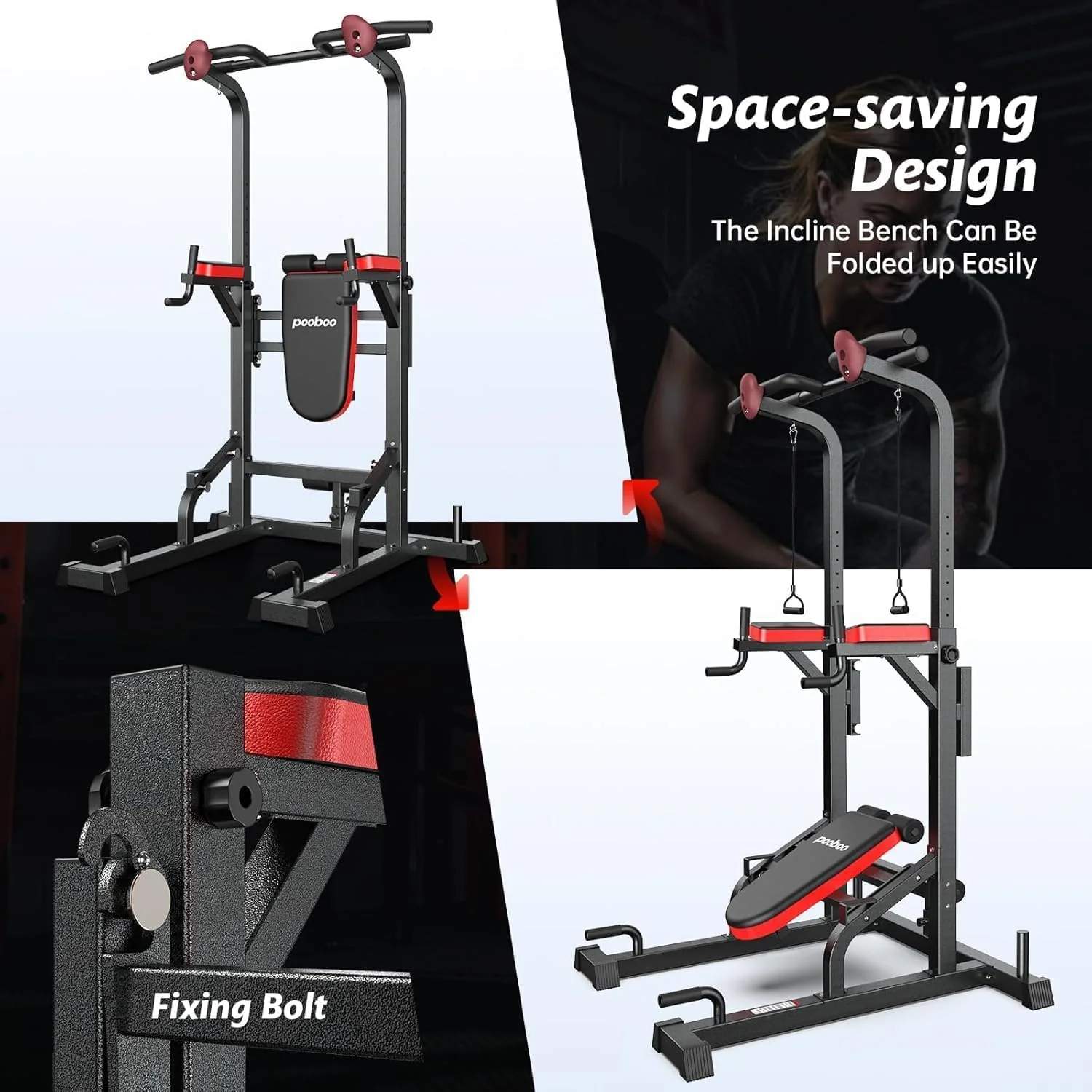 Power Tower Dip Station, Pull-Up Bar, Supine Board, Adjustable