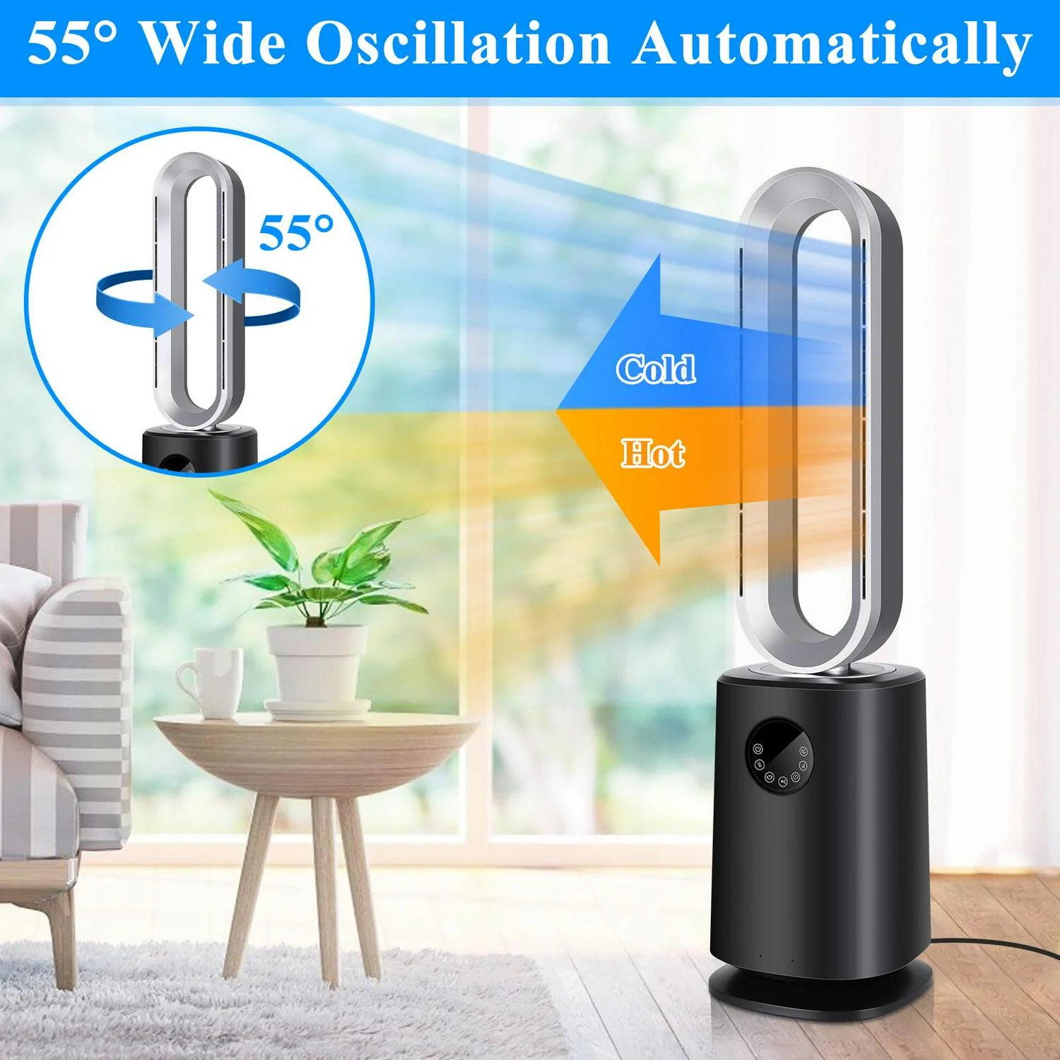 35″ Space Heater Bladeless Tower Fan. Heater & Cooling Fan with Remote Control.Black