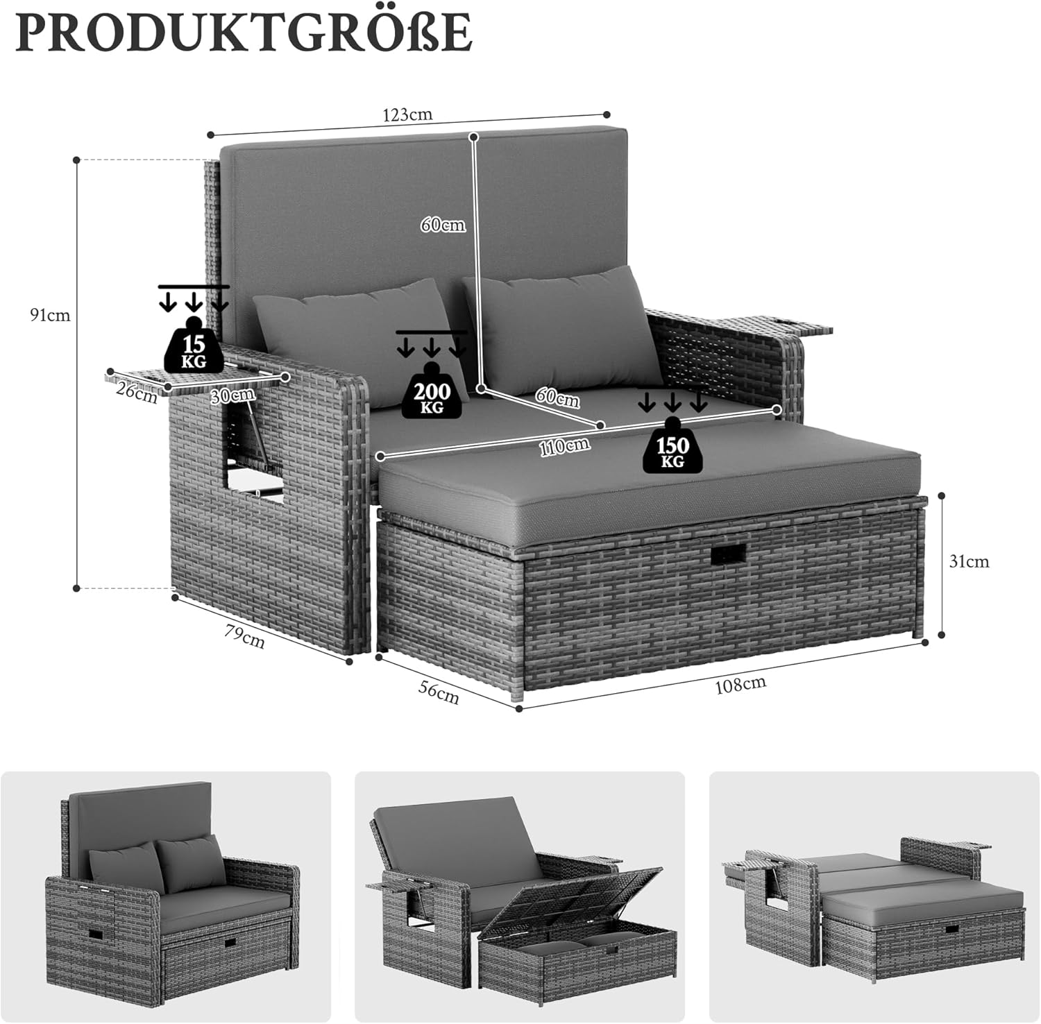 Amopatio Rattan Gartenlounge Outdoor Set, 2-Sitzer Gartensofa mit Verstellbarer Rückenlehne und Stauraum, Wetterfestes Lounge Möbel für Balkon und Terrasse, mit Hocker und Kissen, Grey