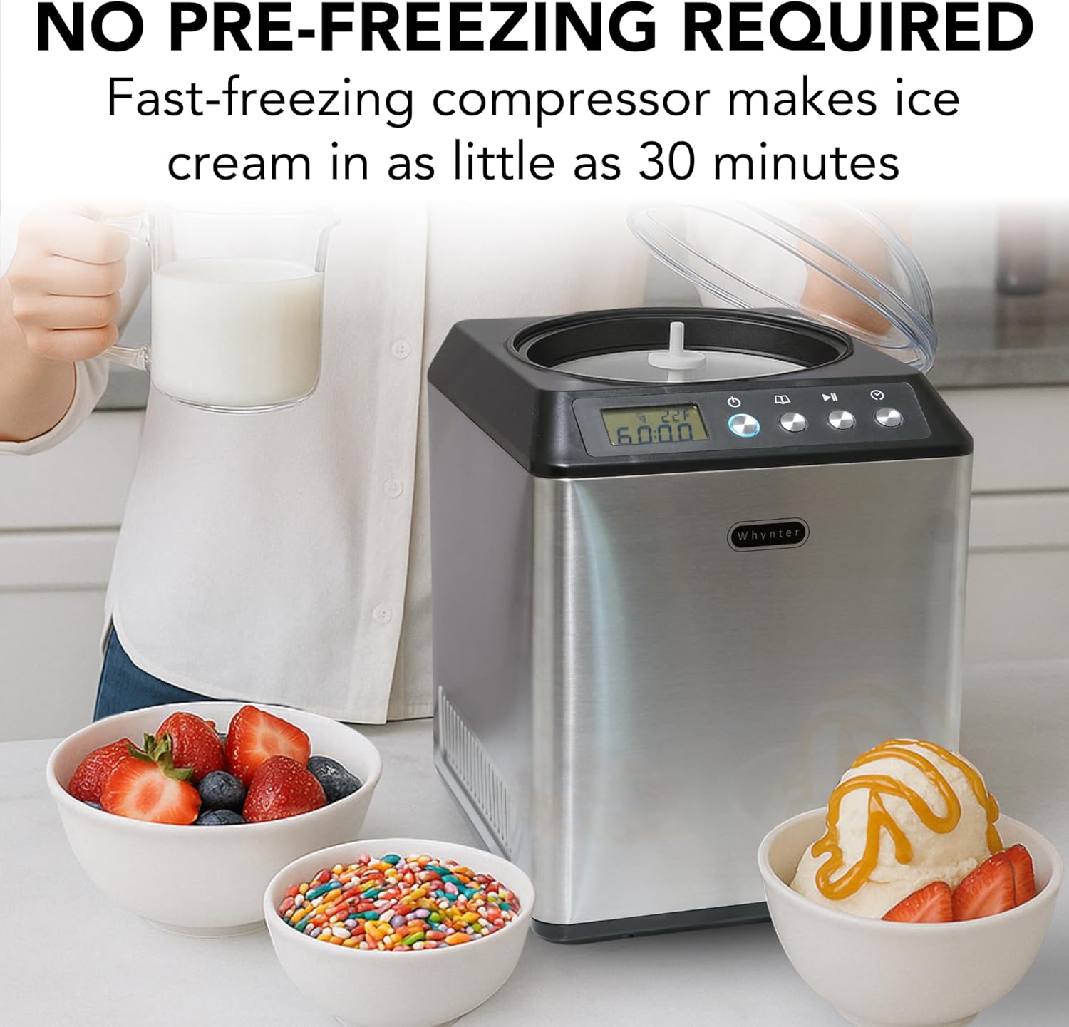 Whynter Ice Cream Maker Machine Automatic 2.1 Qt. Upright with Built-In Compressor, LCD Digital Display & Timer, No Pre-Freezing, ICM-201SB, Stainless Steel