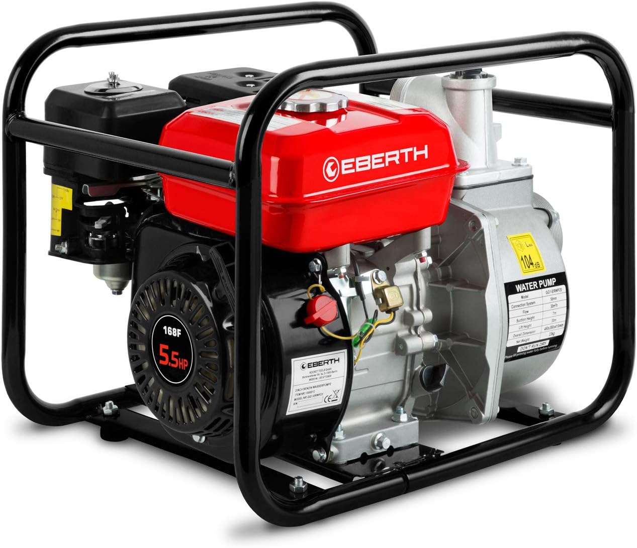 EBERTH 5,5PS Wasserpumpe mit 30.000l/h und 30m Förderhöhe, 2 Zoll Anschluss, Gartenpumpe Schmutzwasserpumpe mit 4-Takt-Motor und 7m Ansaughöhe, Benzin Pumpe, Seilzugstart, Metallfuß, Tragegriff