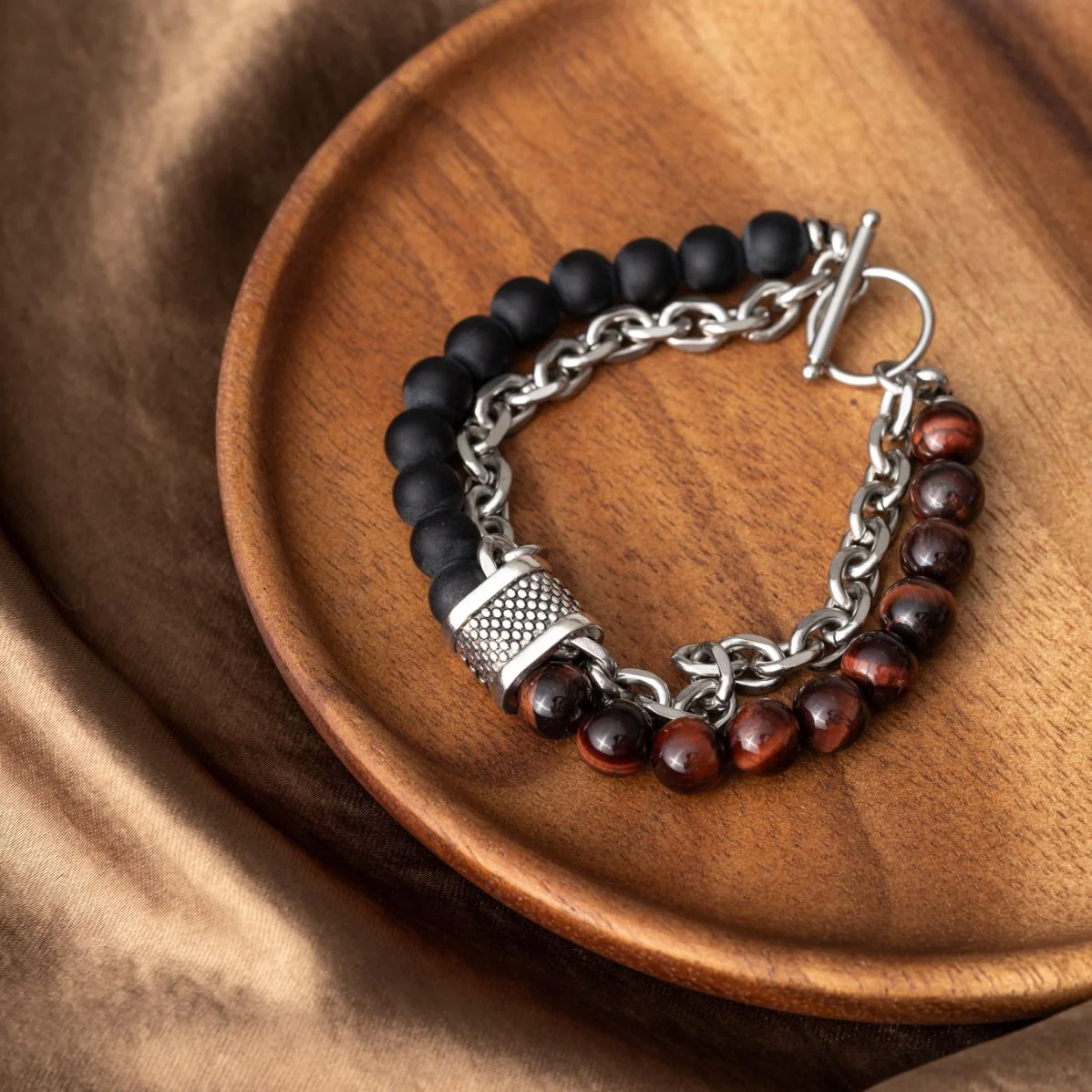 Balans Armband - Rode Tijgeroog & Onyx - RVS Schakelarmband