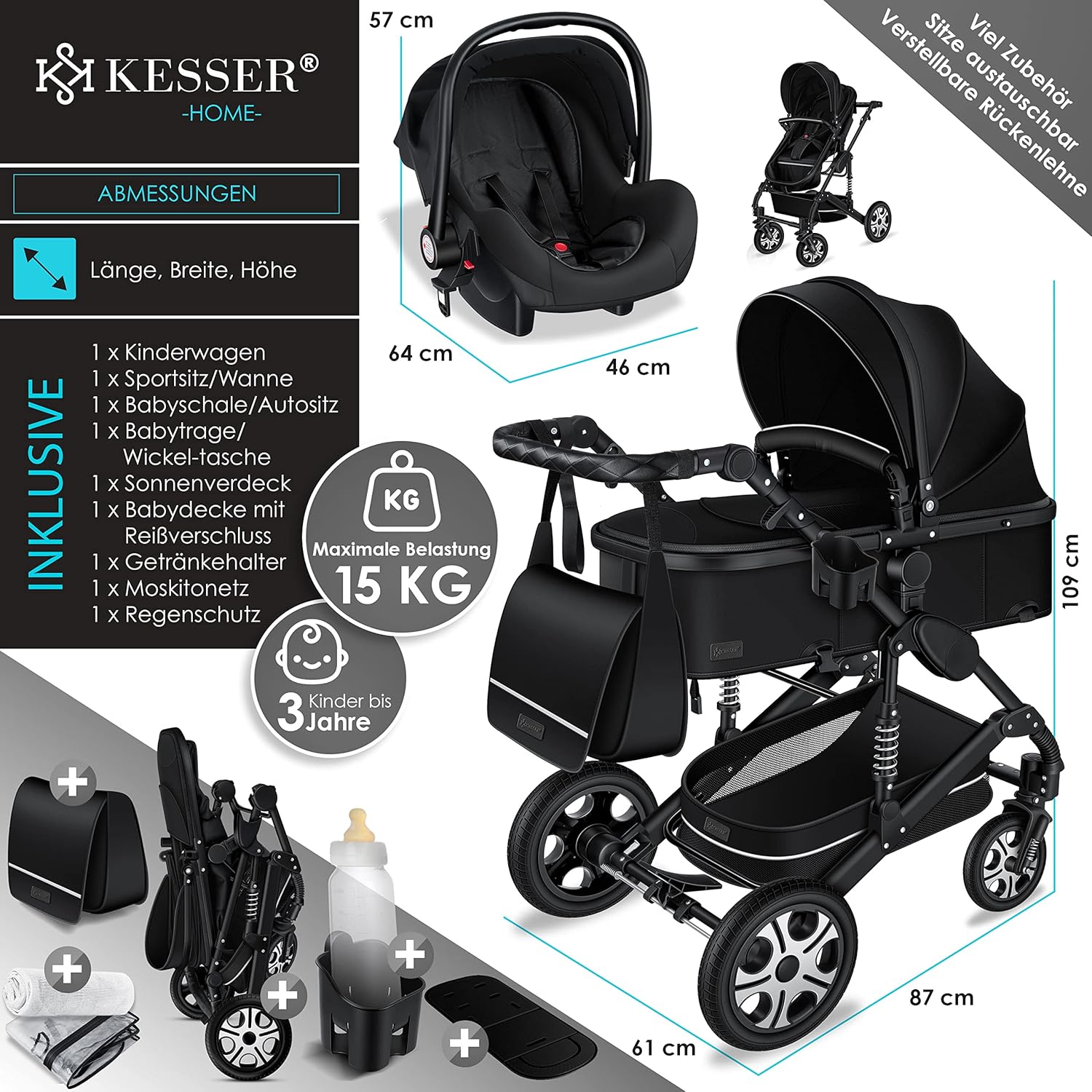 KESSER® Loops 3 in 1 Kinderwagen Kombikinderwagen Komplett-Set inkl. Babywanne & Buggy Sportsitz & Auto-Babyschale Voll-Gummireifen Wickeltasche Regenschutz Kindertisch ECE R129, Grau/Silber