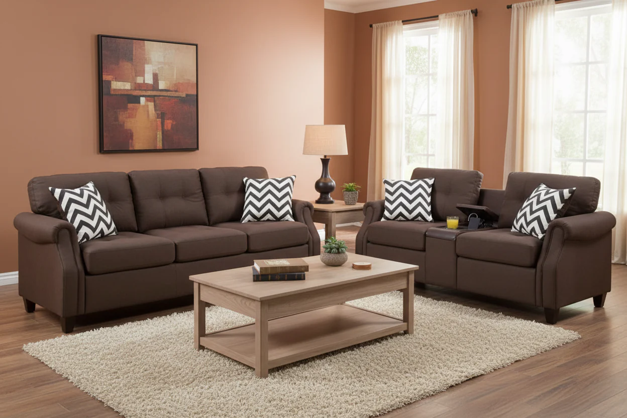 2-Piece Sofa Loveseat Set with 4 Pillows, USB Ports, Dark Brown