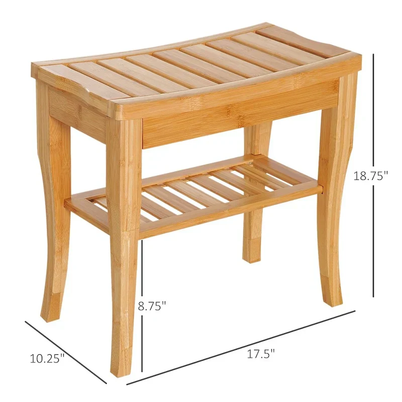 Extended Bamboo Shower Bench with Storage Shelf - Wooden Spa Stool