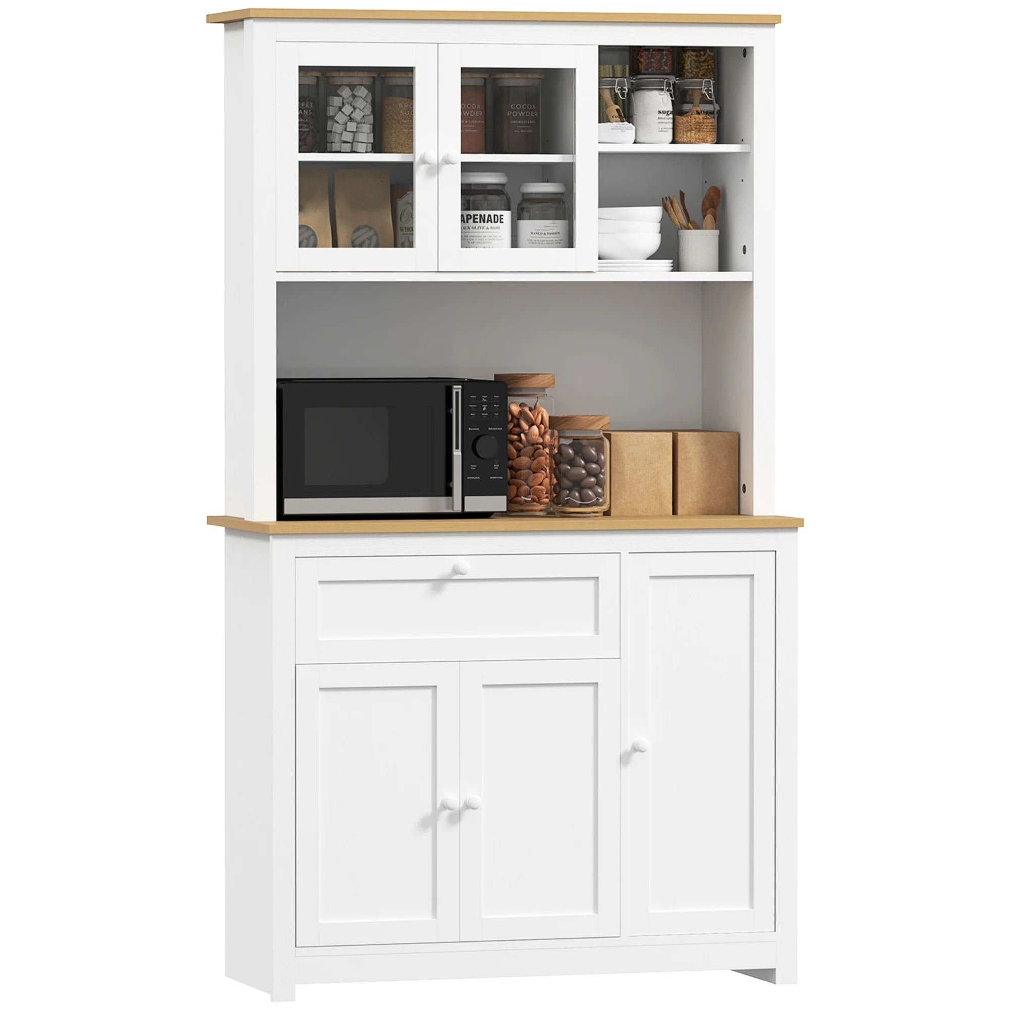 HOMCOM Landhuisstijl Keukenkast, 1 Vitrine, 1 Open Schap, 1 Lade, 2 Kasten, Natuur + Wit
