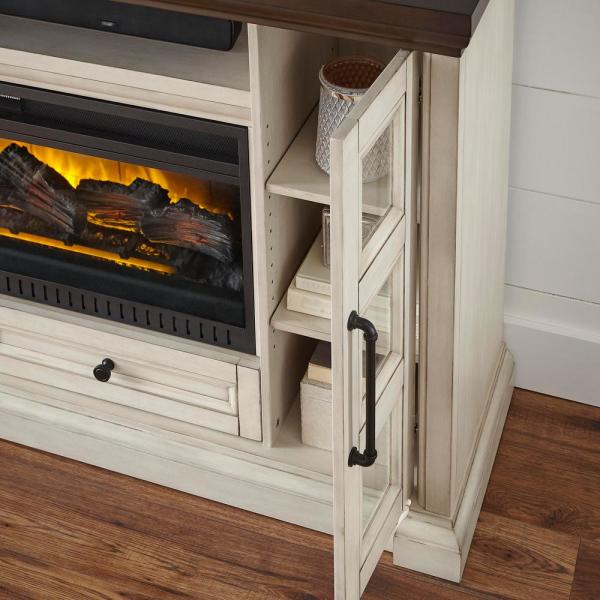 Cecily 72 in. Freestanding Electric Fireplace TV Stand in Antique White with Warm Charcoal Top Finish