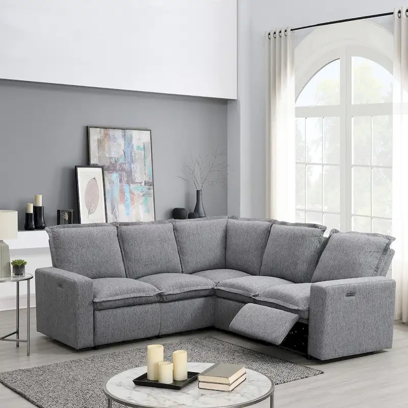 Linen Upholstered Power Recliner L-Shaped Sectional Sofa with USB Port - Soft Home Theater Seating for Living Room