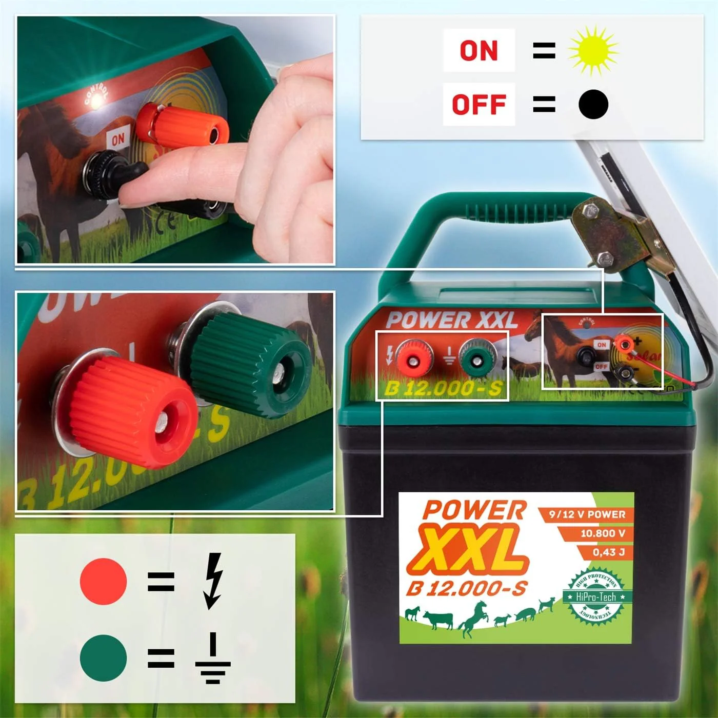 VOSS Power XXL B 12.000-S, 10.800V Elettrificatore Solare Potente 9V 12V, incl. Batteria da 55Ah e Cartello di Avvertimento, Modulo Solare ad Alta Efficienza, Per Cavalli, Pony, Cani, Gatti, Aironi, Bovini, Suini