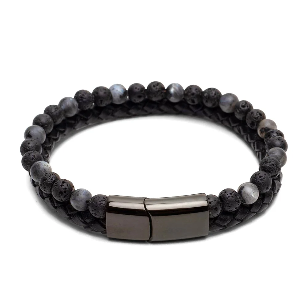 Armband Dubbel - Gevlochten Leer - Labradoriet & Lavasteen - RVS Sluiting