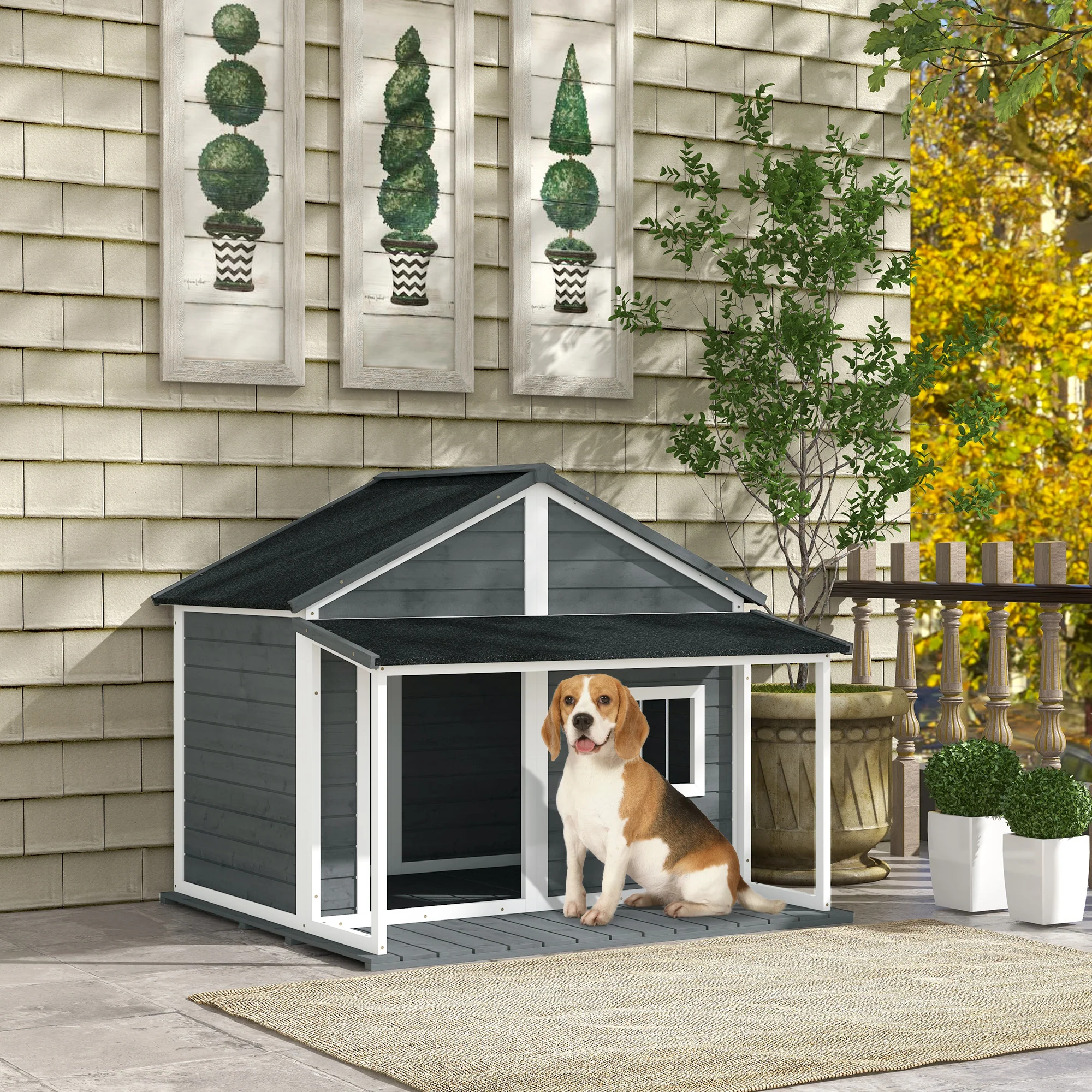 Easycomfort Cuccia per Cani da Esterno con Terrazza, Finestra e Tetto Impermeabile, 124x112x105cm, Grigio