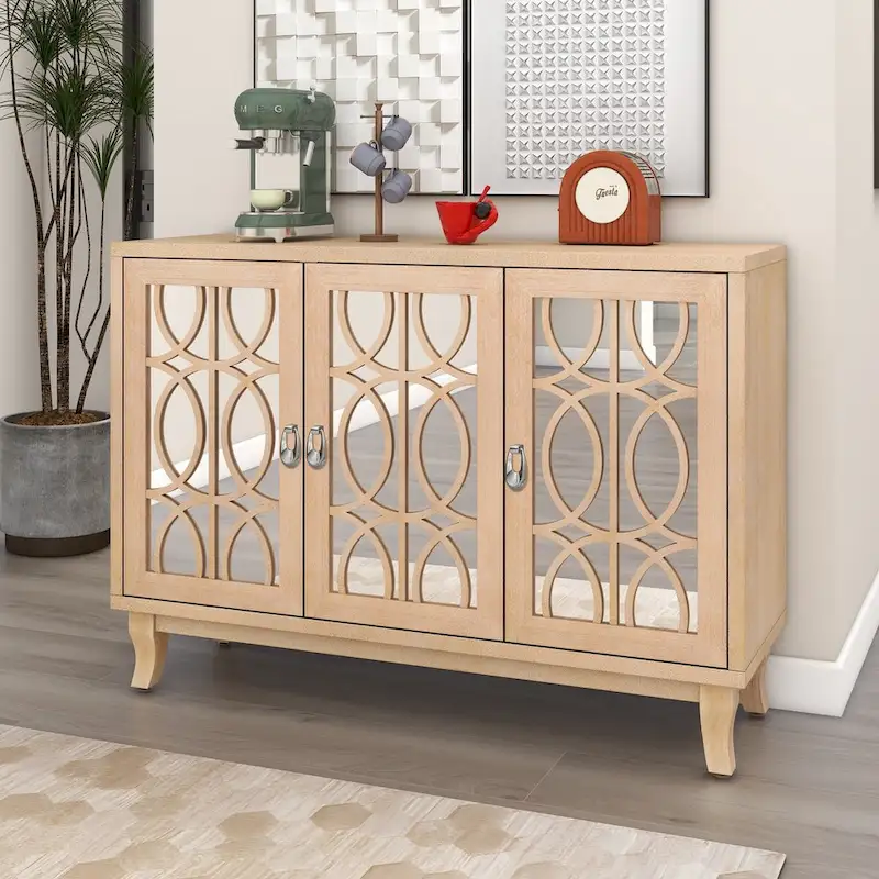 Sideboard with Glass Doors, 3 Door Mirrored Buffet Cabinet with Silver Handle - N/A