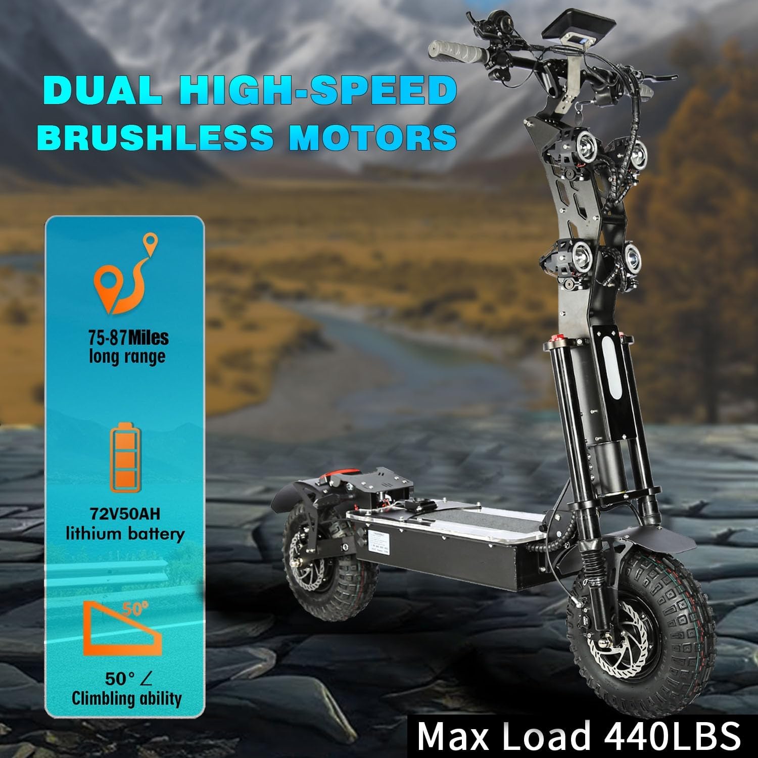 HWWH Patinete Electrico Potente Plegable Scooter Eléctrico Todoterreno Adultos 13 Pulgadas 3 Velocidades Dual Drive Batería de Litio de 72V / 50Ah Duración Máxima de la Batería 120 km