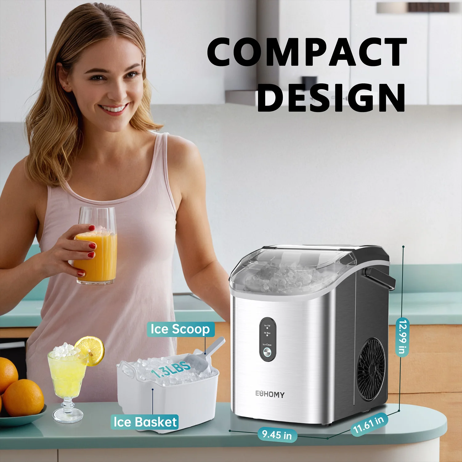 2025 Máquina de hielo portátil EUHOMY con hielo tipo nugget y limpieza automática Sonic